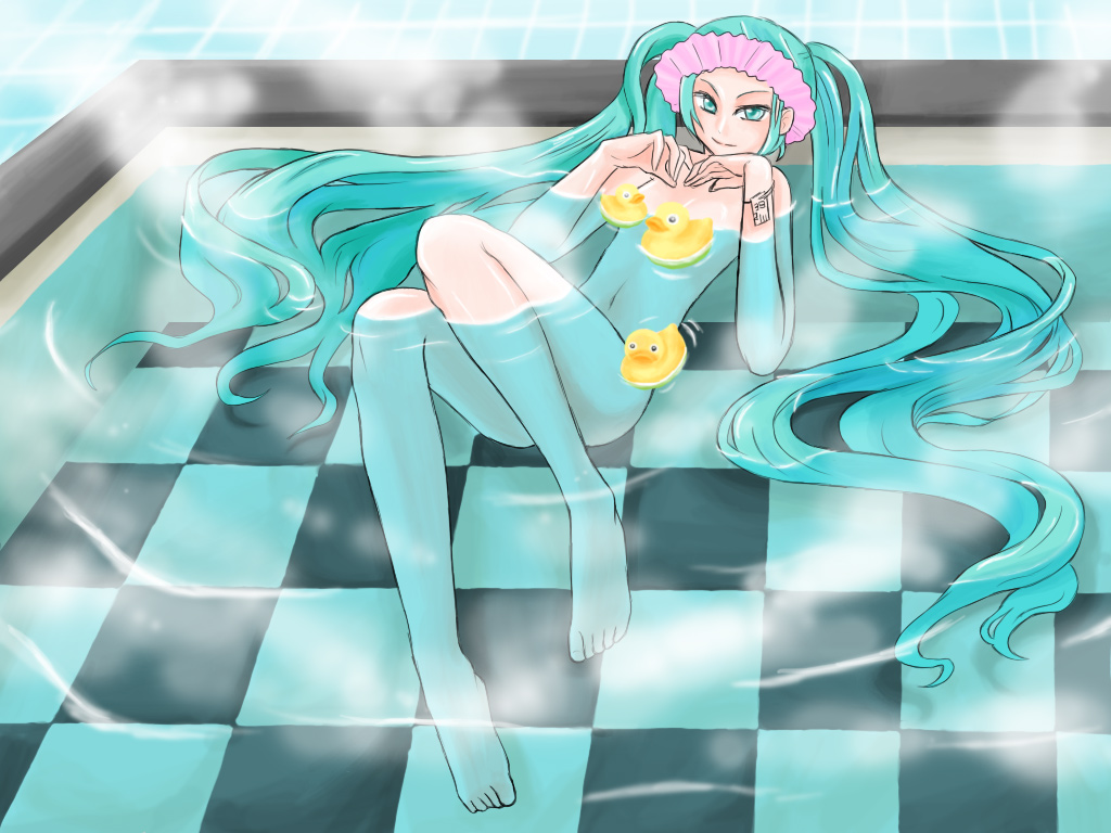 aire (artist), hatsune miku, vocaloid, world is mine (vocaloid), aqua eyes, aqua hair, barefoot, bath, censored, convenient censoring, convenient leg, long hair, lying, nude, on back, parody, rubber duck, solo, twintails, very long hair