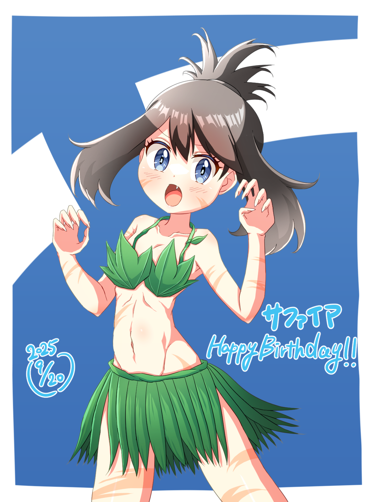 may (pokemon), nintendo, pokemon, pokemon adventures, artist request, highres, 1girl, armpit crease, armpits, bikini, blue background, blue eyes, bodypaint, brown hair, claw pose, collarbone, eyelashes, fangs, female focus, fingernails, flat chest, frown, grass skirt, groin, hands up, happy birthday, knees, leaf bikini, legs, looking at viewer, medium hair, midriff, navel, neck, no bra, no panties, official alternate costume, open mouth, outdoors, revealing clothes, sharp fingernails, sidelocks, standing, swept bangs, thighs, tomboy, topknot, two-tone background