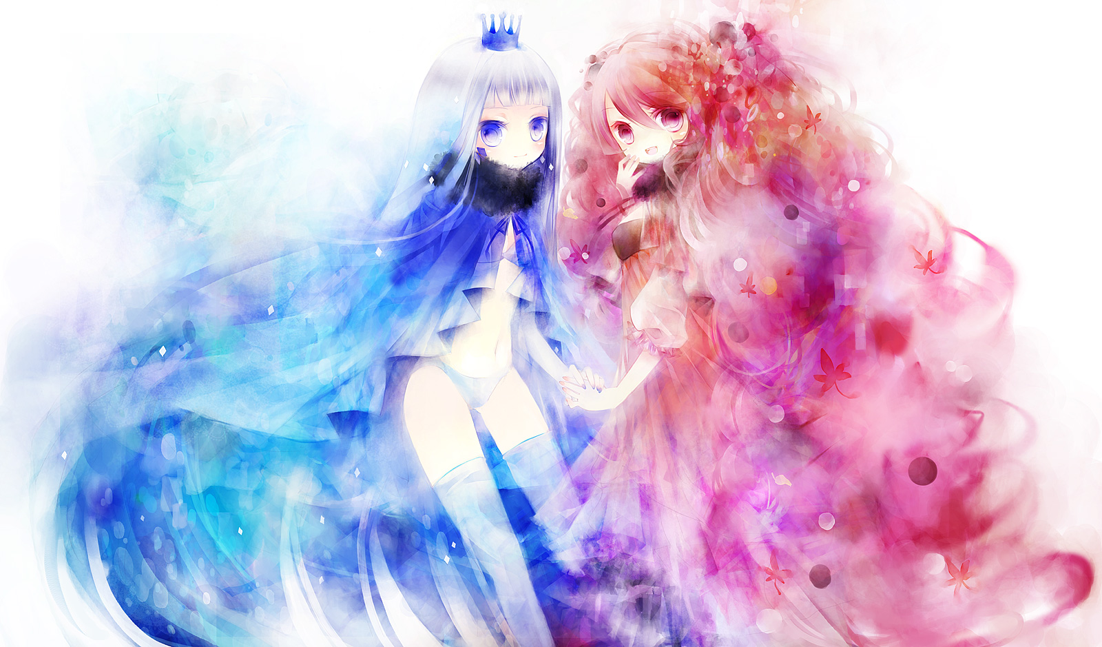 shimeko, original, highres, blue eyes, blue hair, crown, holding hands, leaf, long hair, red eyes, red hair, thighhighs, very long hair