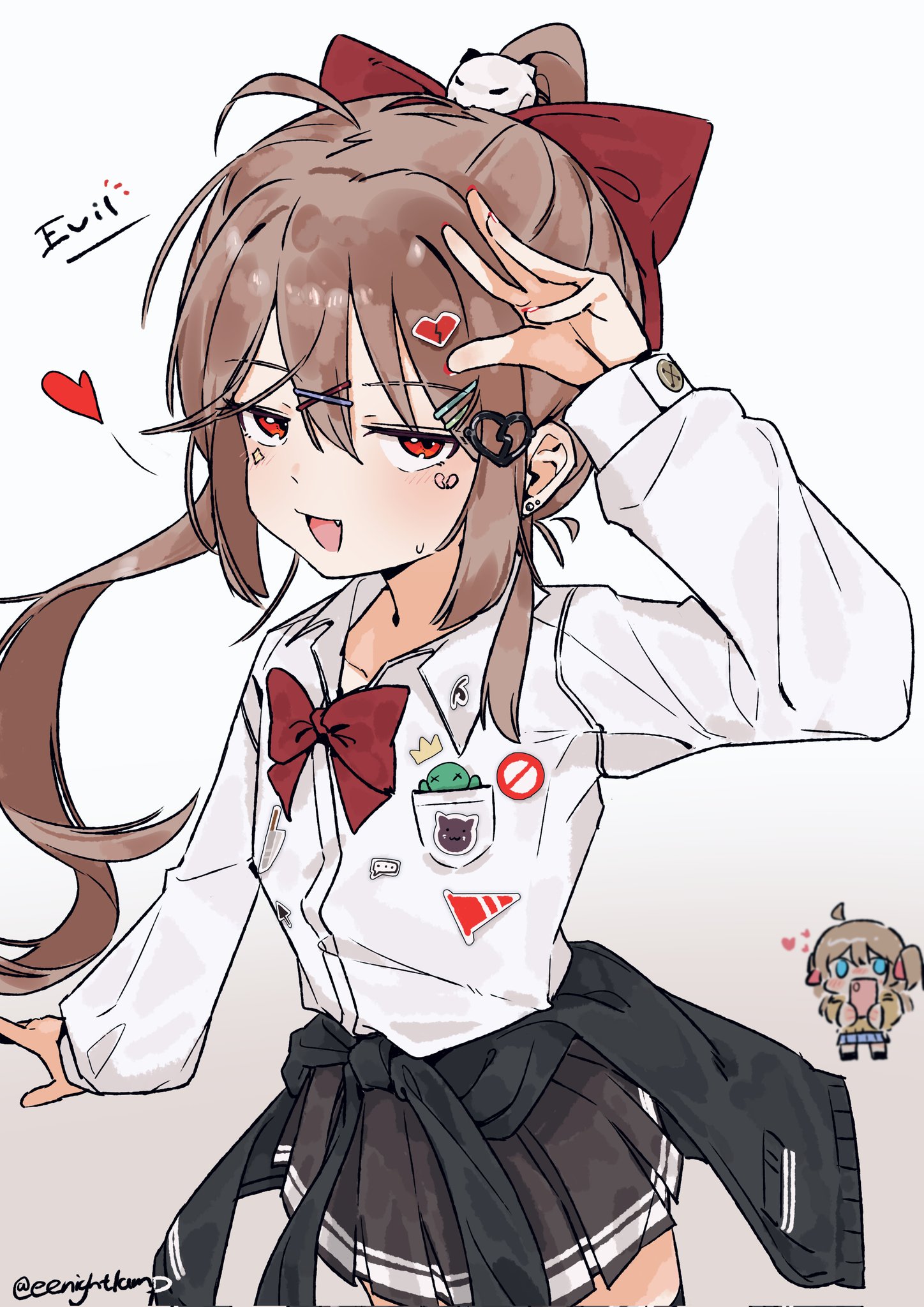 eenightlamp, evil neuro-sama, neuro-sama, highres, 2girls, ahoge, arm up, artist name, badge, black cardigan, black skirt, black thighhighs, blue eyes, blue skirt, bow, bowtie, breasts, broken heart, broken heart hair ornament, brown hair, button badge, cardigan, cardigan around waist, character name, cleavage, clothes around waist, collared shirt, cowboy shot, dress shirt, ear piercing, facial mark, fang, flat chest, from side, hair between eyes, hair bow, hair ornament, heart, kosei high school uniform, long hair, long sleeves, looking at viewer, multiple girls, open mouth, piercing, ponytail, red bow, red bowtie, red eyes, school uniform, shirt, siblings, simple background, sisters, skirt, skull hair ornament, thighhighs, twins, vedal ai, virtual youtuber, white background, white shirt