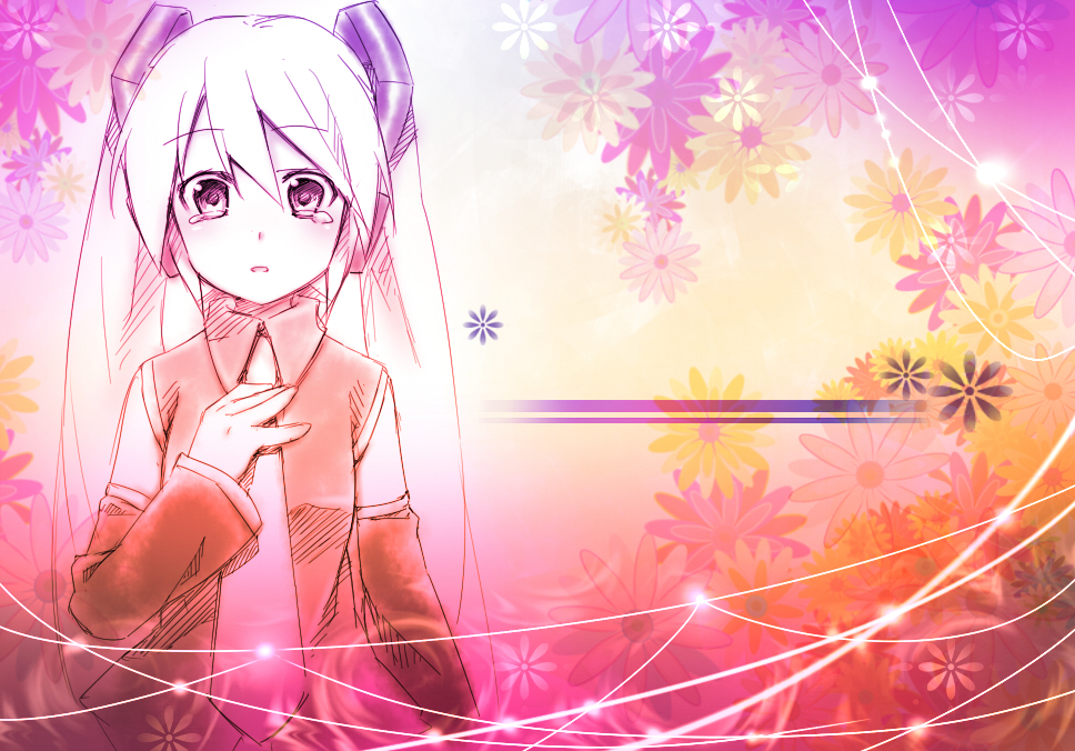 aisora, hatsune miku, vocaloid, bad id, bad piapro id, detached sleeves, flower, long hair, necktie, solo, tears, twintails