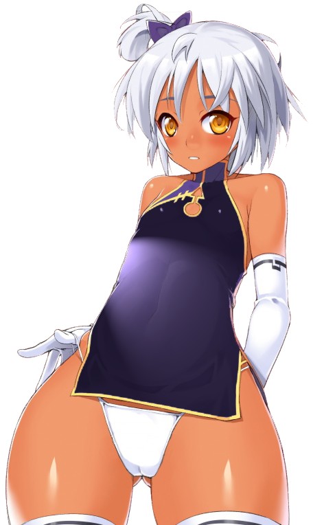 nagase haruhito, gender request, third-party edit, 1girl, alternate color, blush, cameltoe, china dress, chinese clothes, cleavage cutout, clothing cutout, cowboy shot, dark-skinned female, dark skin, dress, elbow gloves, female focus, flat chest, genderswap, gloves, gold trim, hip focus, panties, short hair, simple background, skin tight, solo, standing, striped clothes, striped thighhighs, thick thighs, thighhighs, thighs, underwear, white background, white hair, white panties, wide hips, yellow eyes