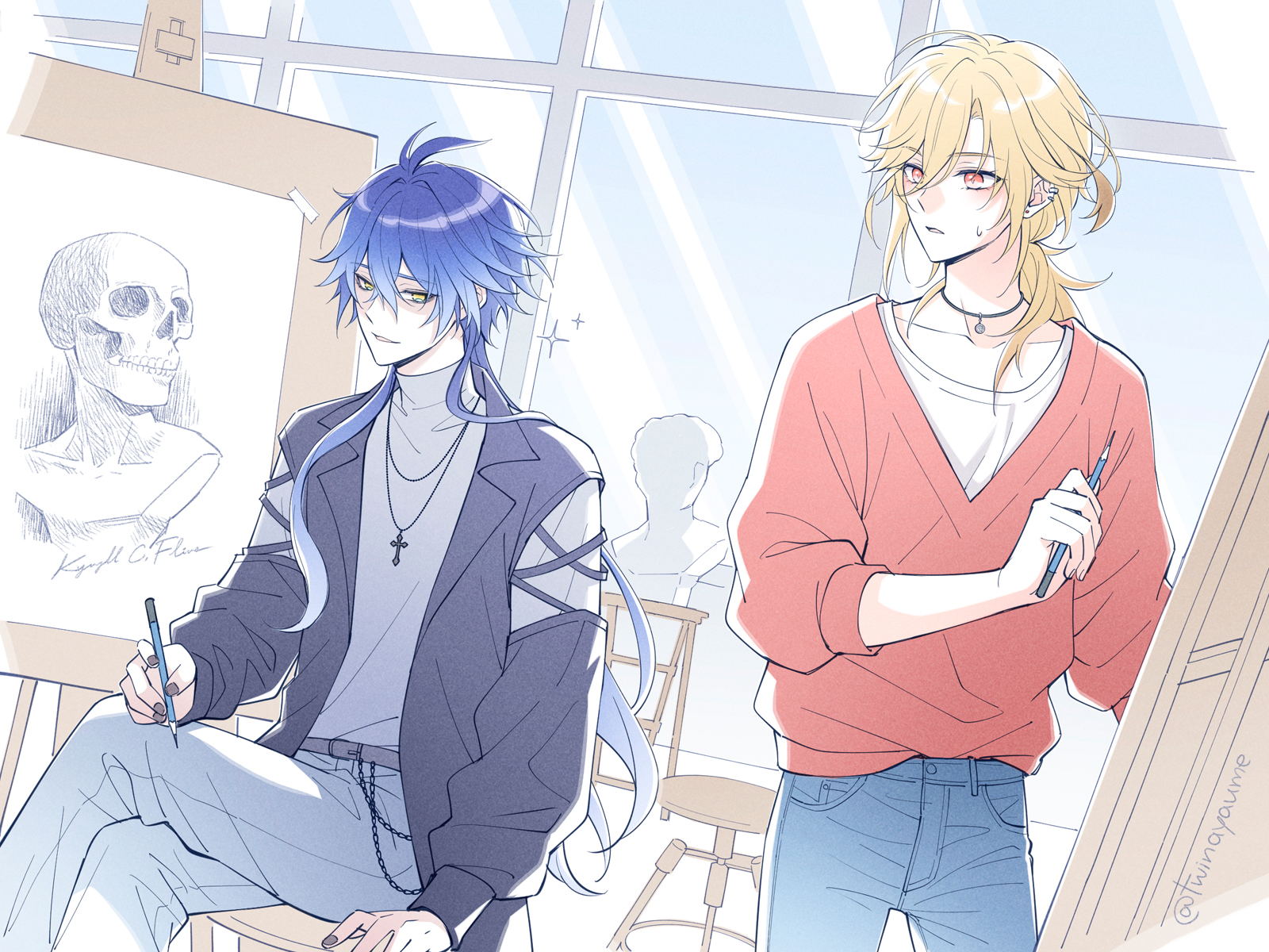twinayaume, flins (genshin impact), kaveh (genshin impact), genshin impact, highres, 2boys, black jacket, black nails, blonde hair, blue hair, blue pants, ear piercing, earrings, gradient hair, grey pants, grey shirt, hair between eyes, holding, holding pen, jacket, jewelry, long hair, long sleeves, male focus, multicolored hair, multiple boys, necklace, open clothes, open jacket, open mouth, pants, pen, piercing, red shirt, shirt, skull, yellow eyes