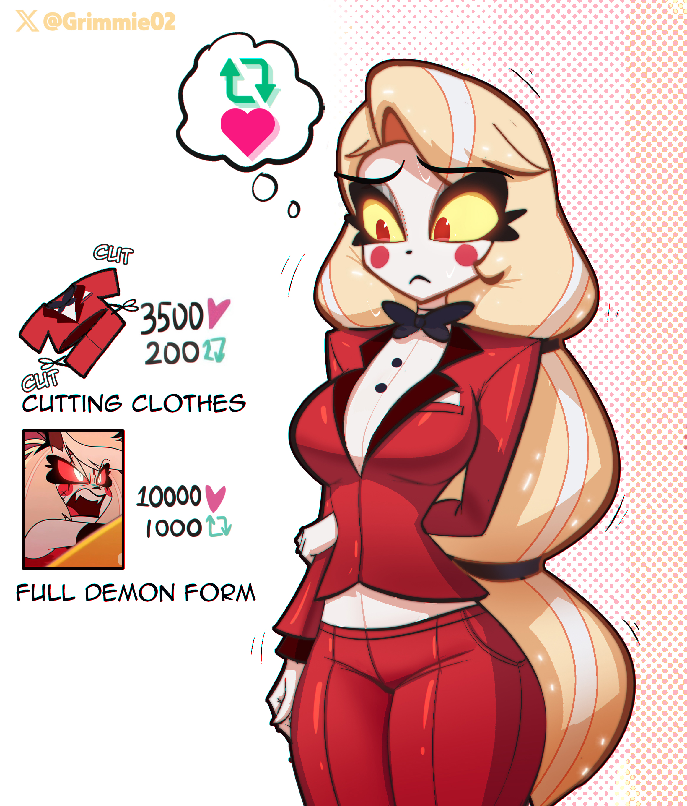 grimmie02, charlie morningstar, hazbin hotel, hellaverse, absurdres, commentary, english commentary, highres, 1girl, arm behind back, black bow, black bowtie, blonde hair, blush stickers, bow, bowtie, breasts, colored sclera, cowboy shot, english text, frown, heart, jacket, large breasts, long hair, long sleeves, looking to the side, multicolored hair, pants, red eyes, red jacket, red pants, shiny clothes, shirt, simple background, solo, sweat, two-tone hair, white background, white shirt, yellow sclera