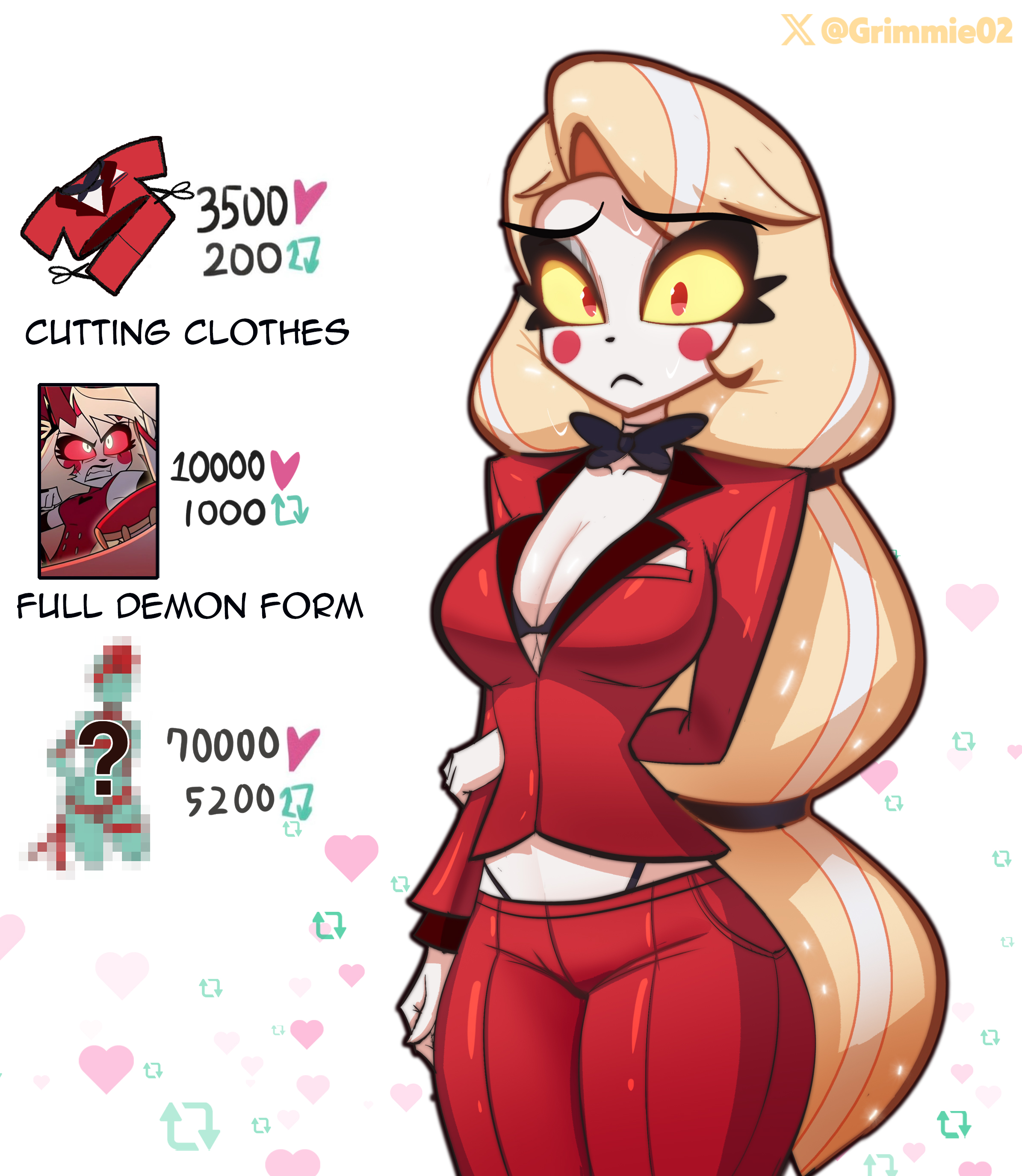 grimmie02, charlie morningstar, hazbin hotel, hellaverse, absurdres, commentary, english commentary, highres, 1girl, arm behind back, blonde hair, blush stickers, breasts, cleavage, colored sclera, cowboy shot, english text, frown, heart, jacket, large breasts, long hair, long sleeves, multicolored hair, pants, red eyes, red jacket, red pants, shiny clothes, simple background, solo, sweat, two-tone hair, white background, yellow sclera