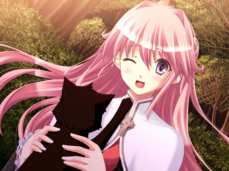 nemigi tsukasa, amanogawa tamaki, yumemi hakusho, game cg, non-web source, 1girl, cat, dutch angle, female focus, forest, long hair, nature, one eye closed, pink hair, purple eyes, solo, wink