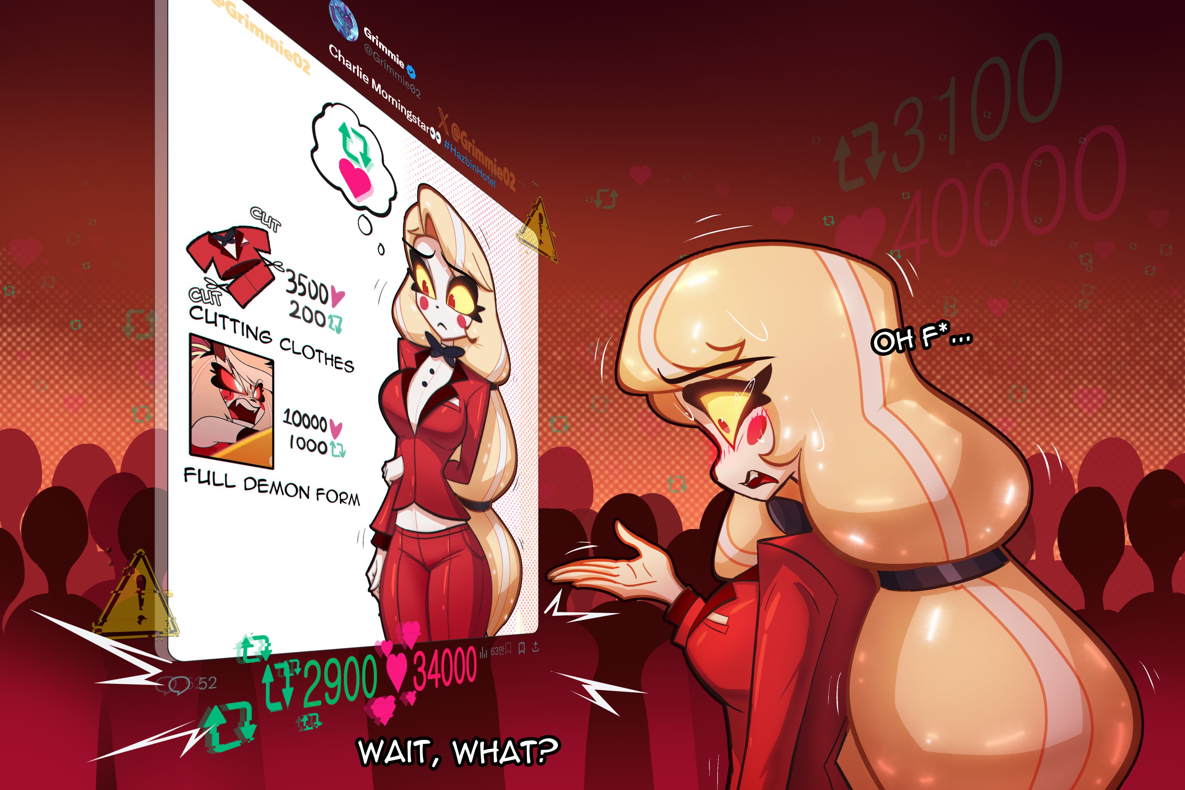 grimmie02, charlie morningstar, hazbin hotel, hellaverse, absurdres, commentary, english commentary, highres, 1girl, arm behind back, black bow, black bowtie, blonde hair, blush stickers, bow, bowtie, breasts, colored sclera, cowboy shot, crowd, english text, frown, heart, jacket, large breasts, like and retweet, long hair, long sleeves, looking to the side, monitor, multicolored hair, pants, red eyes, red jacket, red pants, shiny clothes, shirt, simple background, sweat, two-tone hair, white background, white shirt, yellow sclera