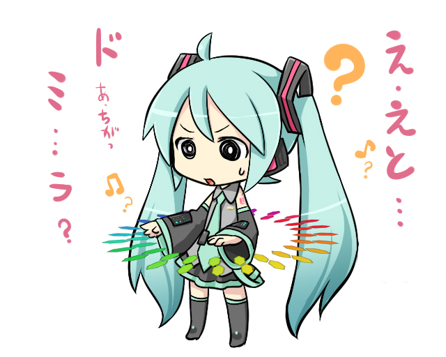 aisora, hatsune miku, vocaloid, translation request, ?, aqua hair, chibi, confused, detached sleeves, long hair, musical note, necktie, skirt, solo, sweatdrop, thighhighs, twintails, very long hair