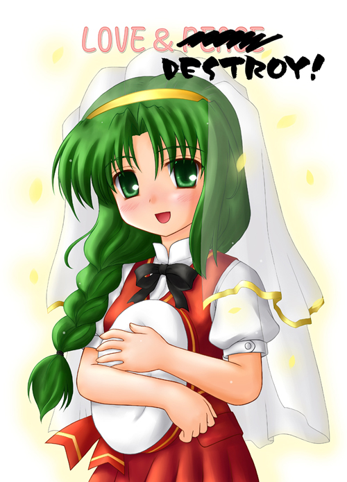 kotowari (newtype kenkyuujo), nidoki ichisaka, himawari no chapel de kimi to, 1girl, braid, cover, cover page, female focus, green eyes, green hair, hairband, hat, hugging object, light particles, long hair, matching hair/eyes, open mouth, petals, puffy sleeves, ribbon, short sleeves, skirt, skirt set, solo, unworn hat, unworn headwear, veil, vest