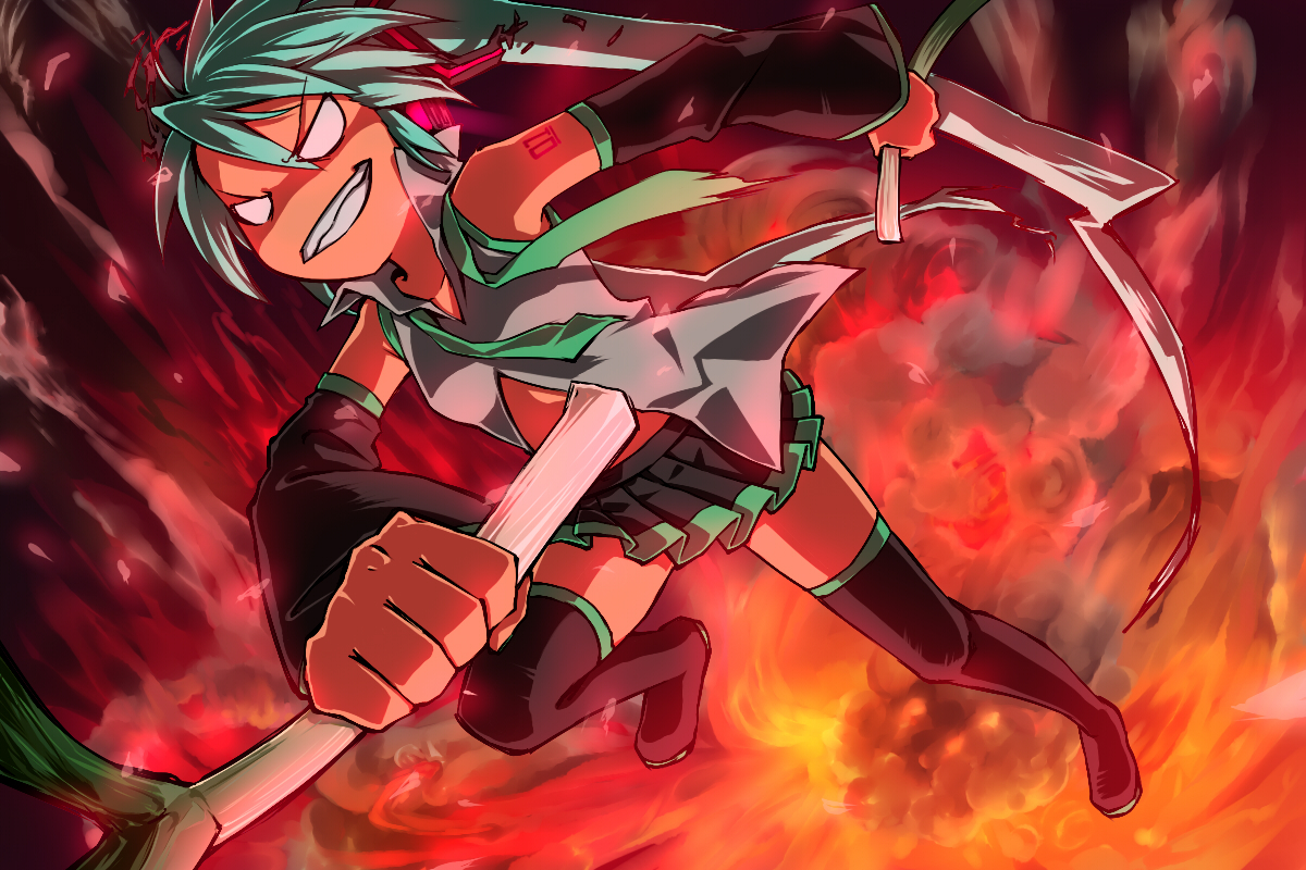 aisora, hatsune miku, vocaloid, aqua hair, crazy, detached sleeves, explosion, long hair, skirt, solo, spring onion, thighhighs, twintails, very long hair