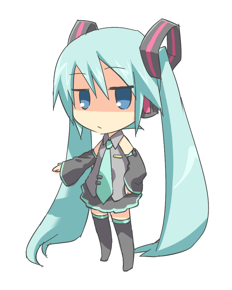 aisora, hatsune miku, vocaloid, bad id, bad pixiv id, 1girl, aqua hair, blue eyes, chibi, detached sleeves, female focus, jitome, long hair, necktie, skirt, solo, thighhighs, twintails, very long hair