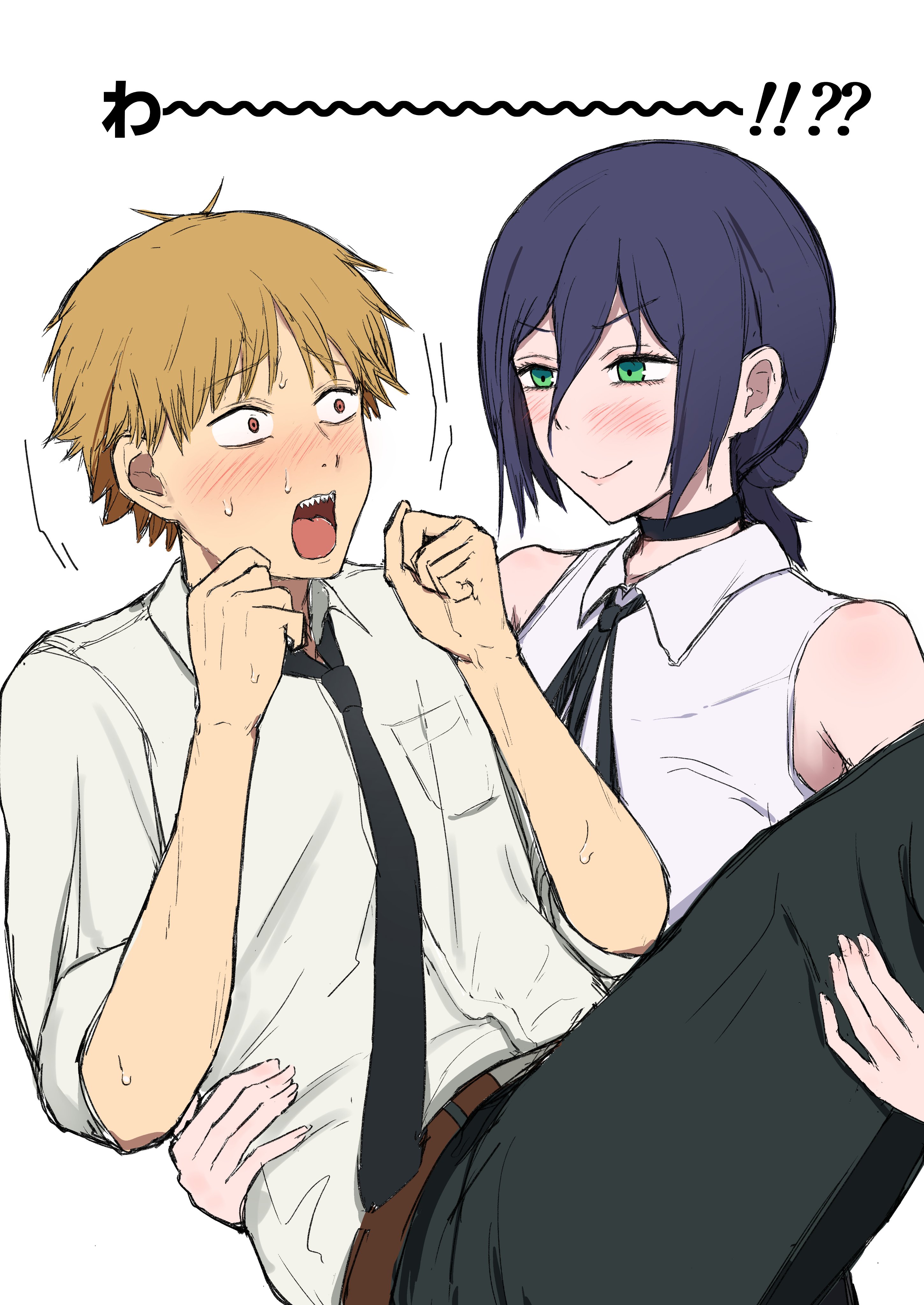 fushimi243mimim, denji (chainsaw man), reze (chainsaw man), chainsaw man, absurdres, highres, 1boy, 1girl, assertive female, black choker, black ribbon, carrying, choker, green eyes, hair between eyes, hair bun, neck ribbon, princess carry, ribbon, shirt, shirt tucked in, single hair bun, sleeveless, sleeveless shirt