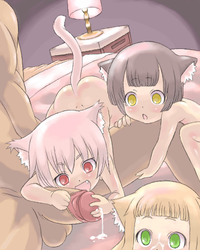 saga inu, copyright request, lowres, 3girls, animal ears, blonde hair, blush, brown hair, cat ears, cat tail, cum, cum on body, facial, green eyes, loli, long hair, multiple girls, nude, oekaki, penis, pink hair, red eyes, short hair, tail, uncensored, yellow eyes