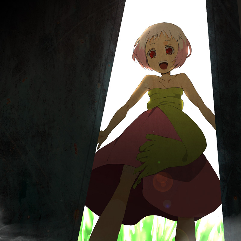 achi dyna, guu (jungle wa itsumo), jungle wa itsumo hare nochi guu, bad id, bad pixiv id, 1girl, armpits, bare shoulders, collarbone, dress, female focus, from below, looking down, pink hair, red eyes, smile, solo