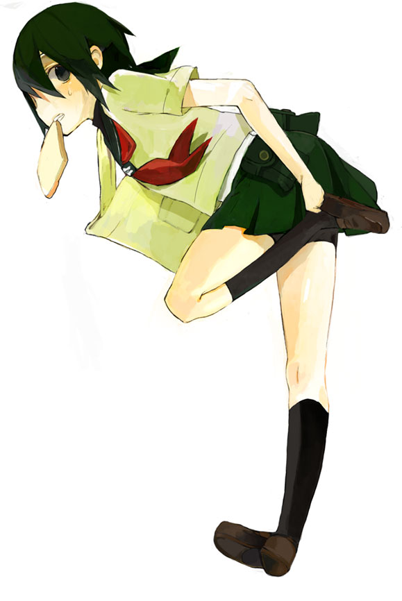 achi dyna, kino (kino no tabi), gakuen kino, kino no tabi, bad id, bad pixiv id, 00s, 1girl, androgynous, bag, black hair, bread, bread slice, female focus, food, food in mouth, kneehighs, looking at viewer, looking back, mouth hold, school uniform, short hair, simple background, skirt, socks, solo, sweat, toast, toast in mouth, white background