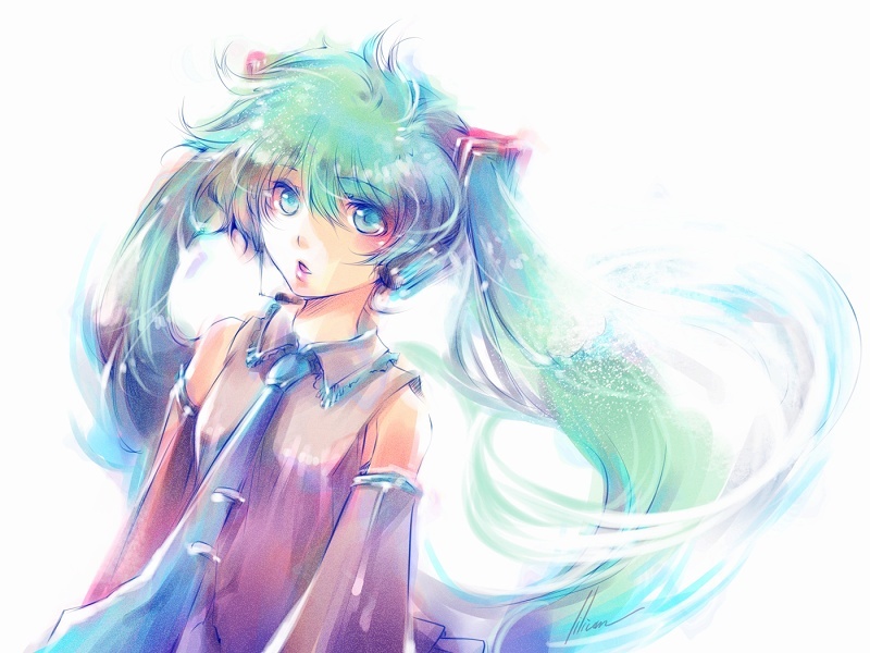 umu, umu (um), hatsune miku, vocaloid, bad id, bad piapro id, 1girl, aqua hair, detached sleeves, female focus, headset, long hair, necktie, solo, soratooto, twintails, very long hair