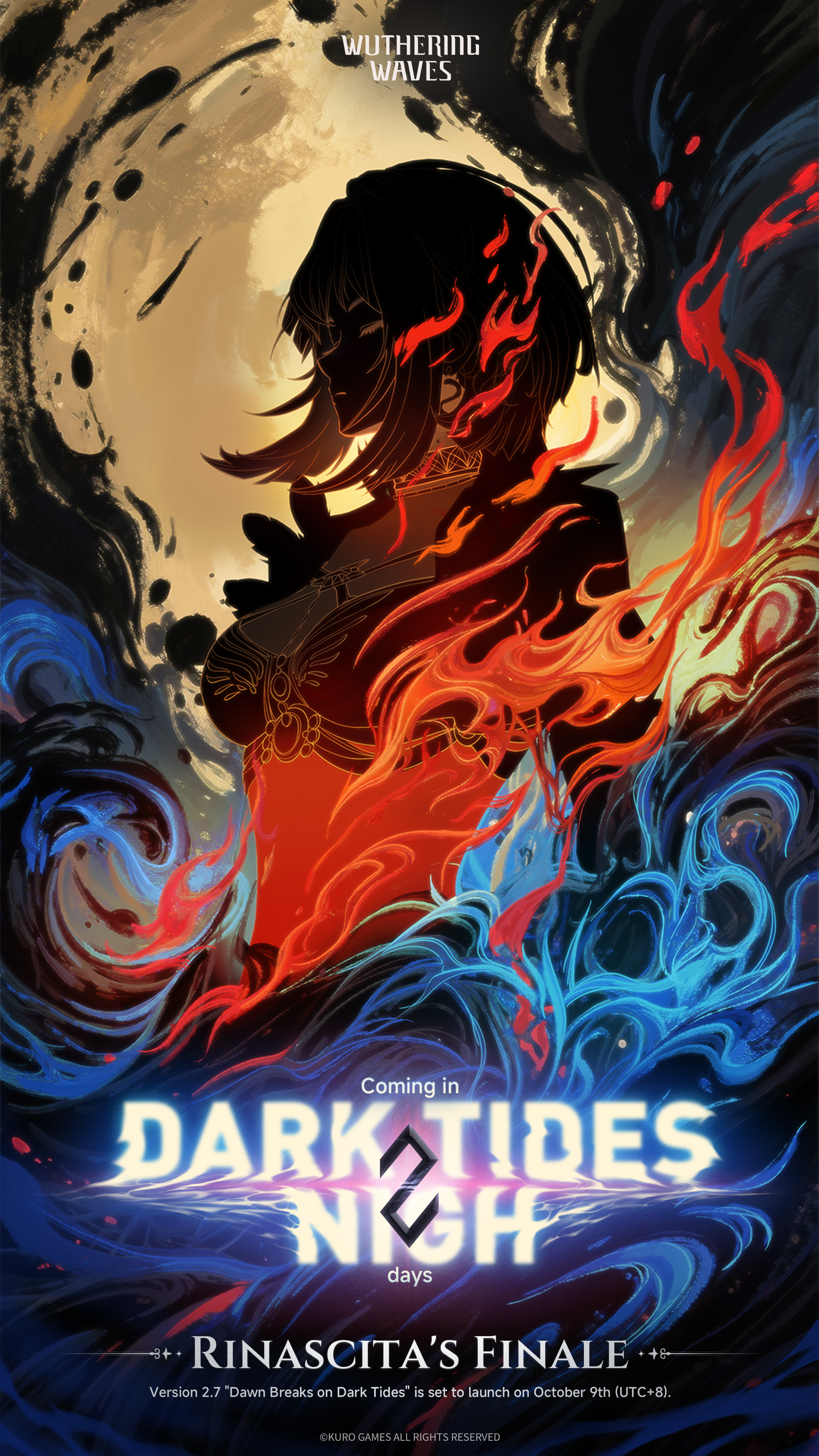 galbrena (wuthering waves), wuthering waves, absurdres, highres, official art, 1girl, black fire, blue fire, bra, breasts, choker, copyright name, copyright notice, countdown, cropped jacket, fire, jacket, medium breasts, midriff, mole, mole on neck, open clothes, open jacket, red fire, solo, stomach, underwear