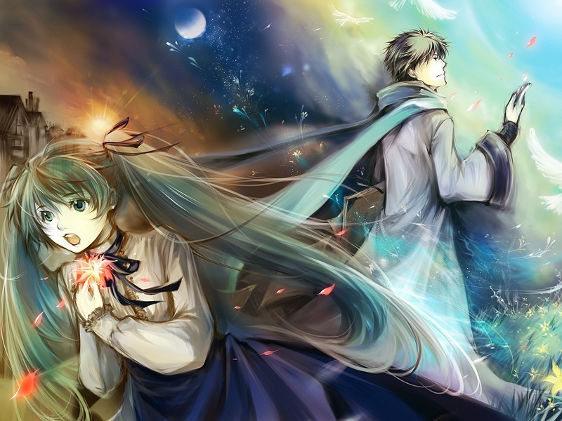 umu, umu (um), hatsune miku, kaito (vocaloid), vocaloid, bad id, bad piapro id, 1boy, 1girl, bird, dress, flower, long hair, moon, scarf, soratooto, twintails, very long hair