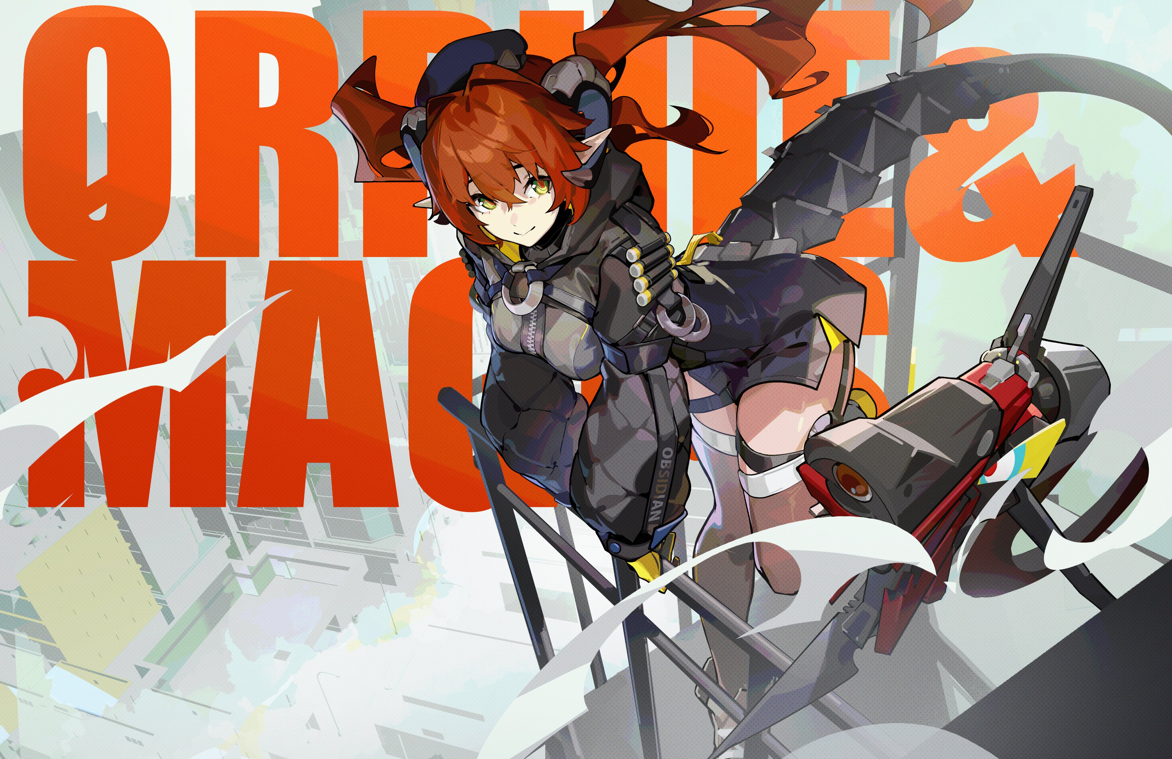 kuno (runkunochan), magus (zenless zone zero), orphie magnusson, zenless zone zero, absurdres, commentary, english commentary, highres, second-party source, 1girl, against railing, black dress, black thighhighs, breasts, character name, dragon girl, dragon horns, dress, green eyes, horns, long hair, mechanical horns, mechanical tail, medium breasts, orange pupils, outdoors, pointy ears, railing, red hair, smile, solo, tail, thighhighs, zipper dress