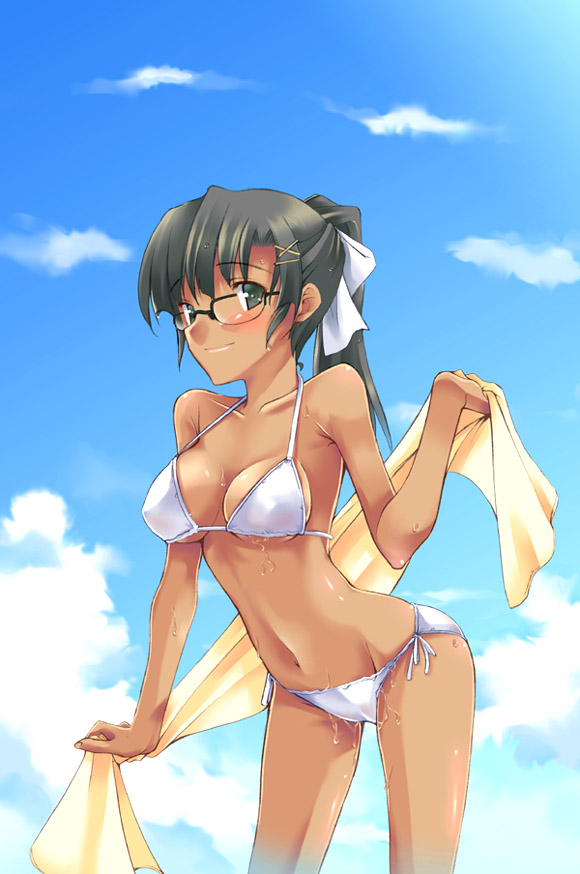 gokubuto mayuge, original, 1girl, bikini, black eyes, black hair, blush, dark-skinned female, dark skin, day, female focus, glasses, long hair, ponytail, solo, swimsuit, towel, wet, white bikini