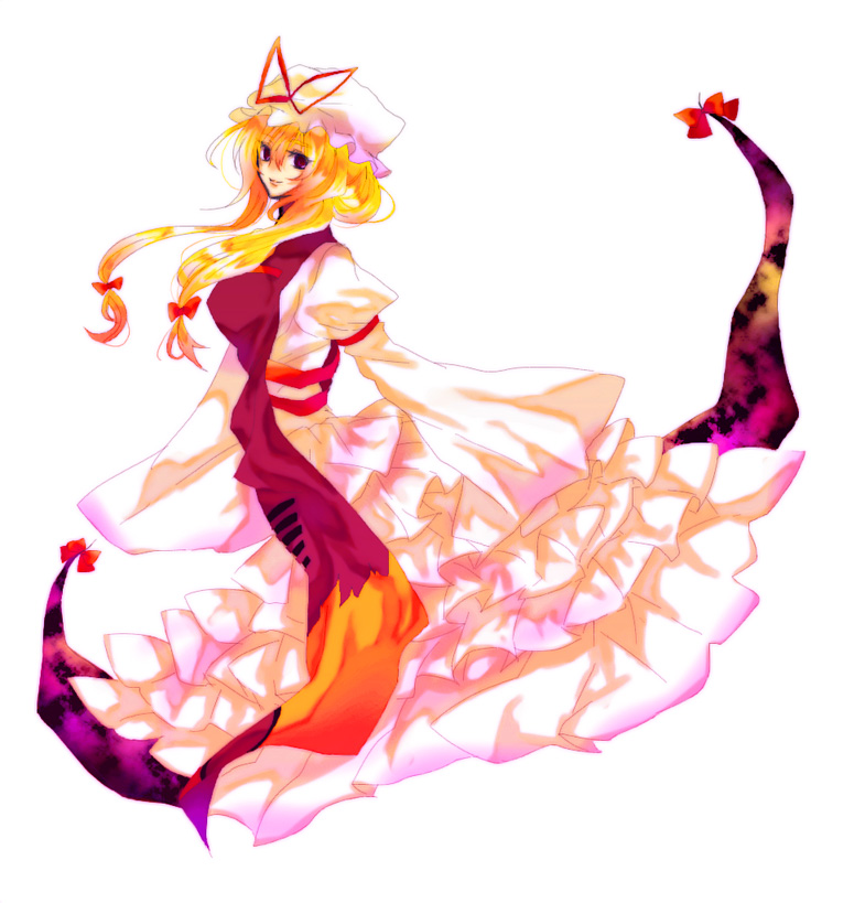 yukirar, yakumo yukari, touhou, bad id, bad pixiv id, 1girl, blonde hair, breasts, dress, female focus, gap (touhou), hair ribbon, hat, purple eyes, ribbon, simple background, solo, white background