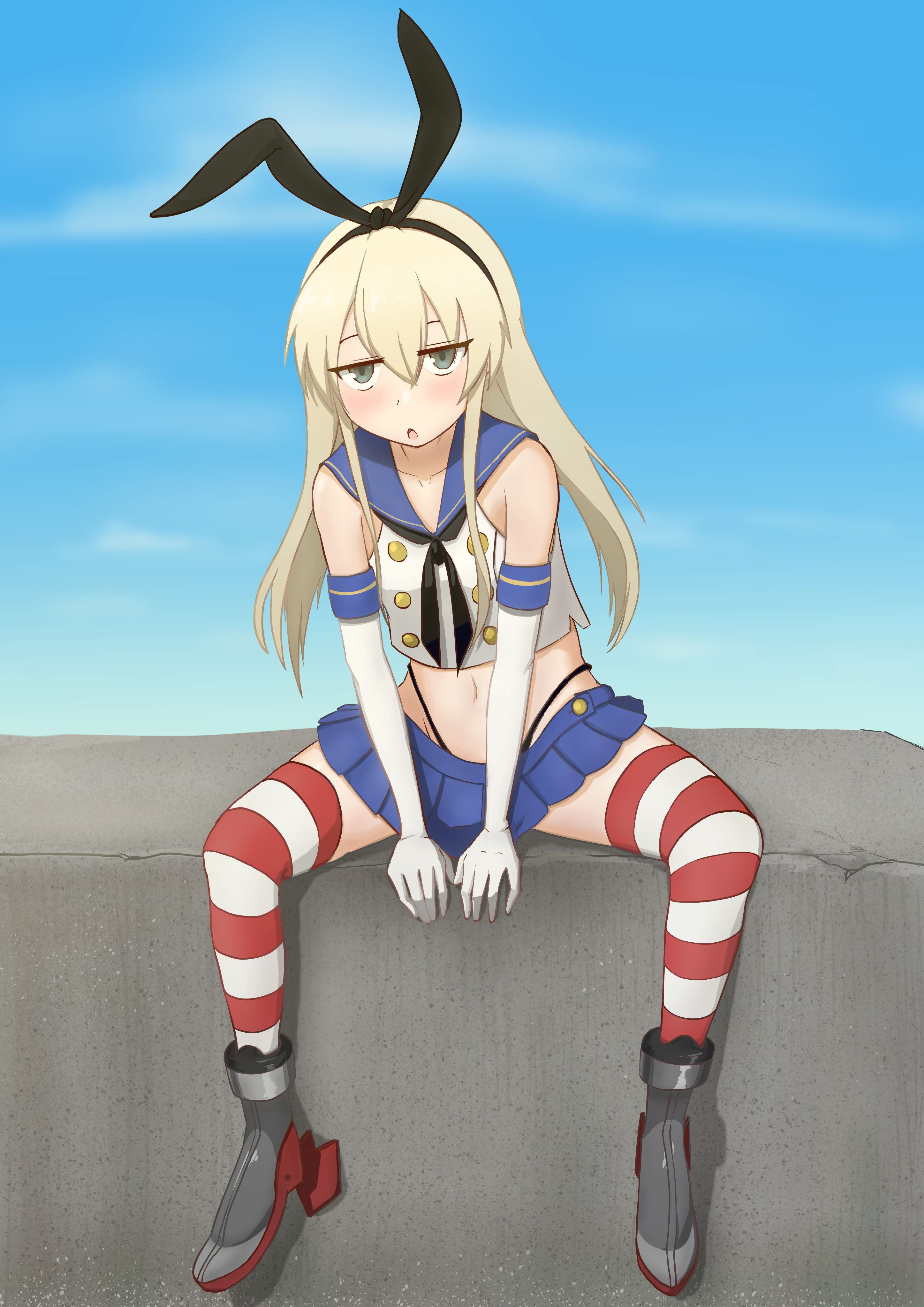 shimakaze (kancolle), kantai collection, absurdres, highres, 1girl, anchor hair ornament, black hairband, black neckerchief, black panties, blonde hair, blue sailor collar, blue skirt, blue sky, cloud, crop top, elbow gloves, full body, gloves, grey eyes, hair ornament, hairband, highleg, highleg panties, long hair, microskirt, miniskirt, neckerchief, neon (neon dangeon), panties, pleated skirt, rudder footwear, sailor collar, shirt, sitting, skirt, sky, sleeveless, sleeveless shirt, solo, striped clothes, striped thighhighs, thighhighs, underwear, white gloves