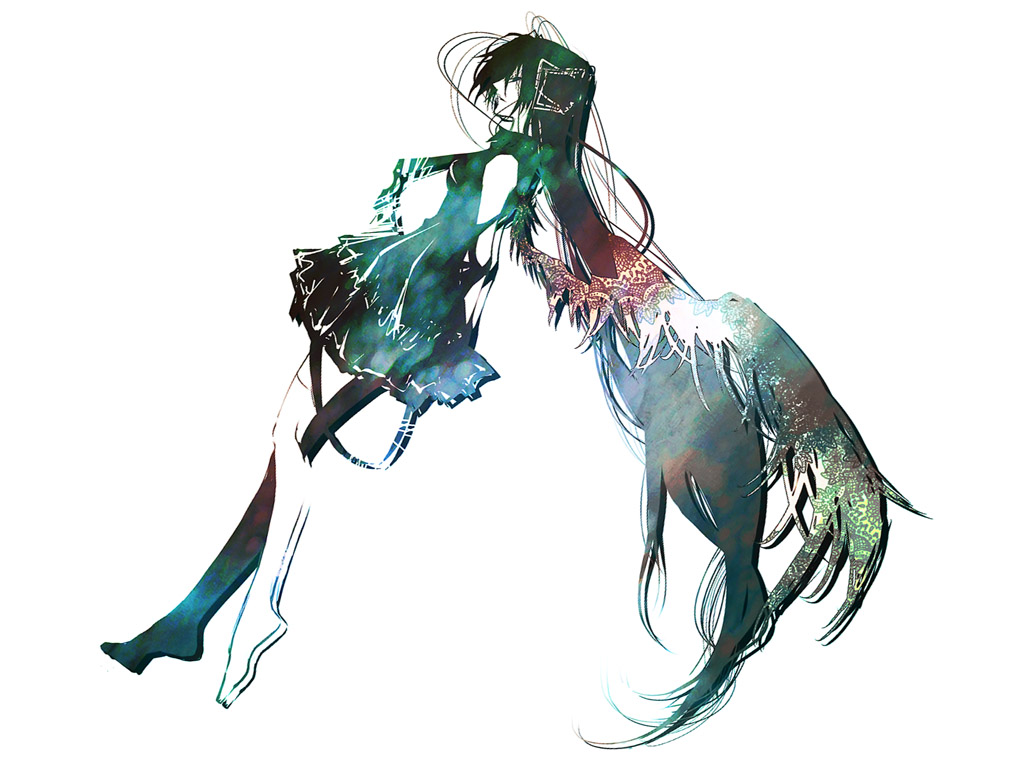 shiinoyuko, hatsune miku, vocaloid, long hair, necktie, solo, thighhighs, very long hair, wings