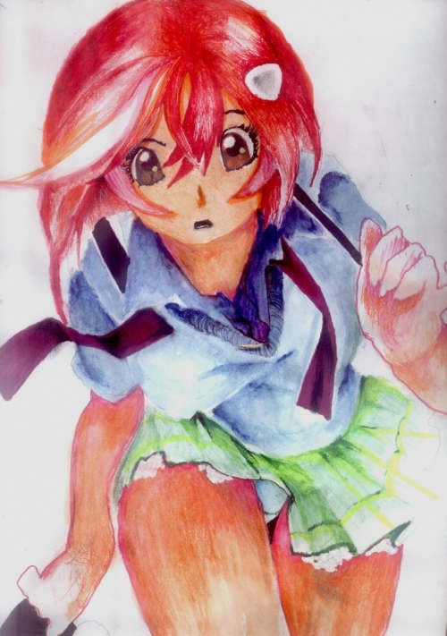 kaede (character), lucy (elfen lied), nyuu, elfen lied, traditional media, 00s, brown eyes, hair ornament, horns, leaning forward, open mouth, panties, pantyshot, red eyes, school uniform, short hair, skirt, solo, underwear, white panties