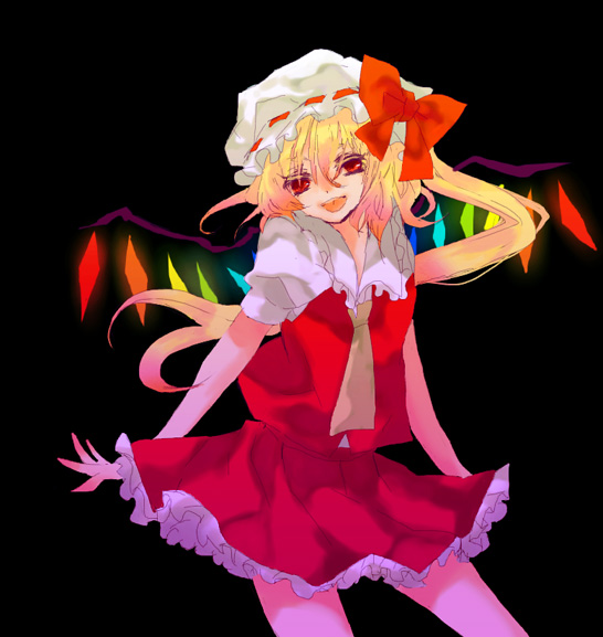 yukirar, flandre scarlet, touhou, bad id, bad pixiv id, 1girl, black background, blonde hair, blouse, collared shirt, female focus, hair between eyes, hat, mob cap, red eyes, shirt, short hair, simple background, solo, standing, white hat, white shirt, wings