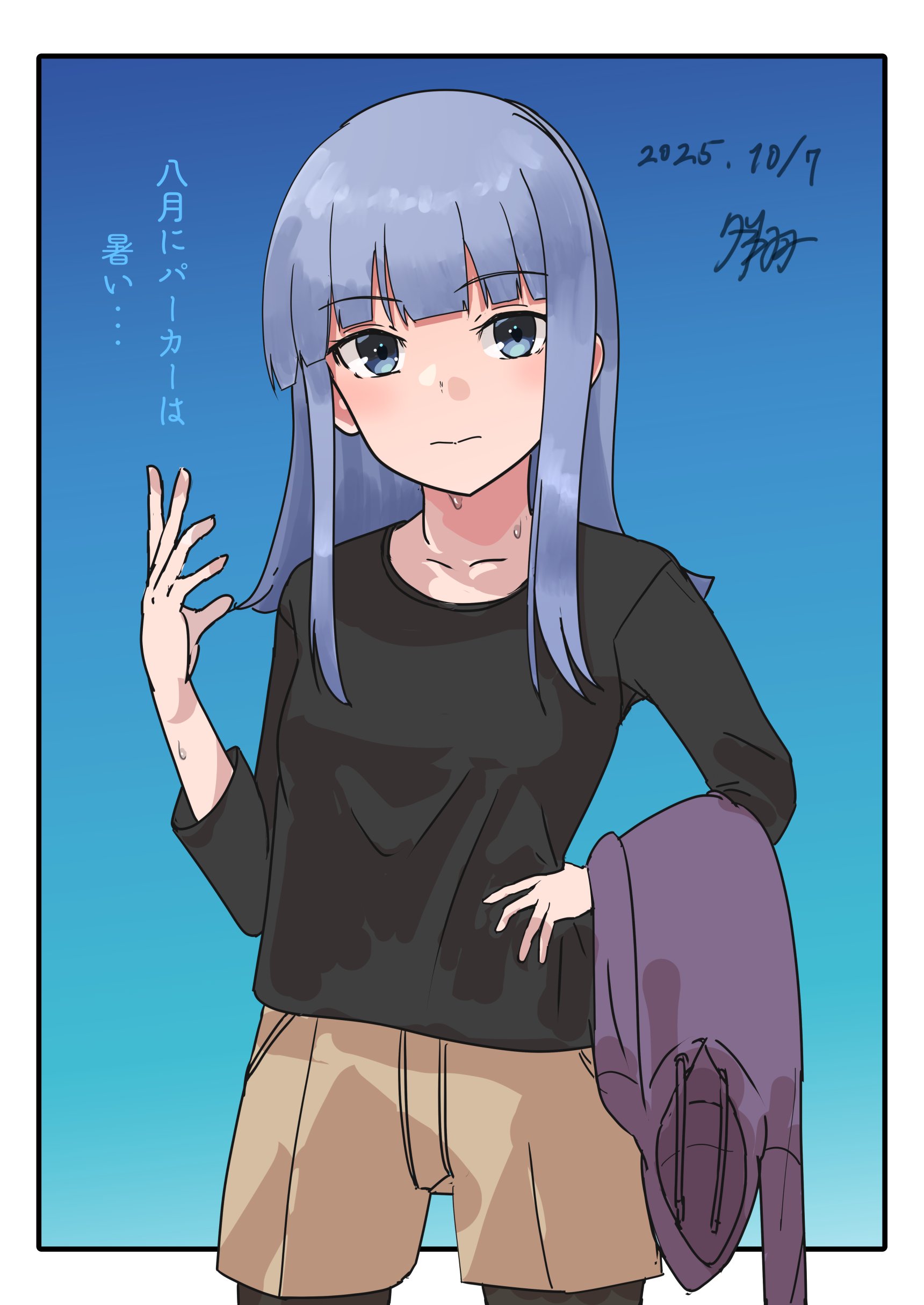 yuushou, hatsukaze (kancolle), hatsukaze (kure) (kancolle), absurdres, commentary request, highres, translation request, 1girl, black pantyhose, black shirt, blue eyes, blue hair, brown shorts, cowboy shot, dated, flipped hair, hood, hooded sweater, hoodie, looking at viewer, one-hour drawing challenge, pantyhose, purple sweater, shirt, shorts, signature, solo, sweater, unworn hoodie, unworn sweater