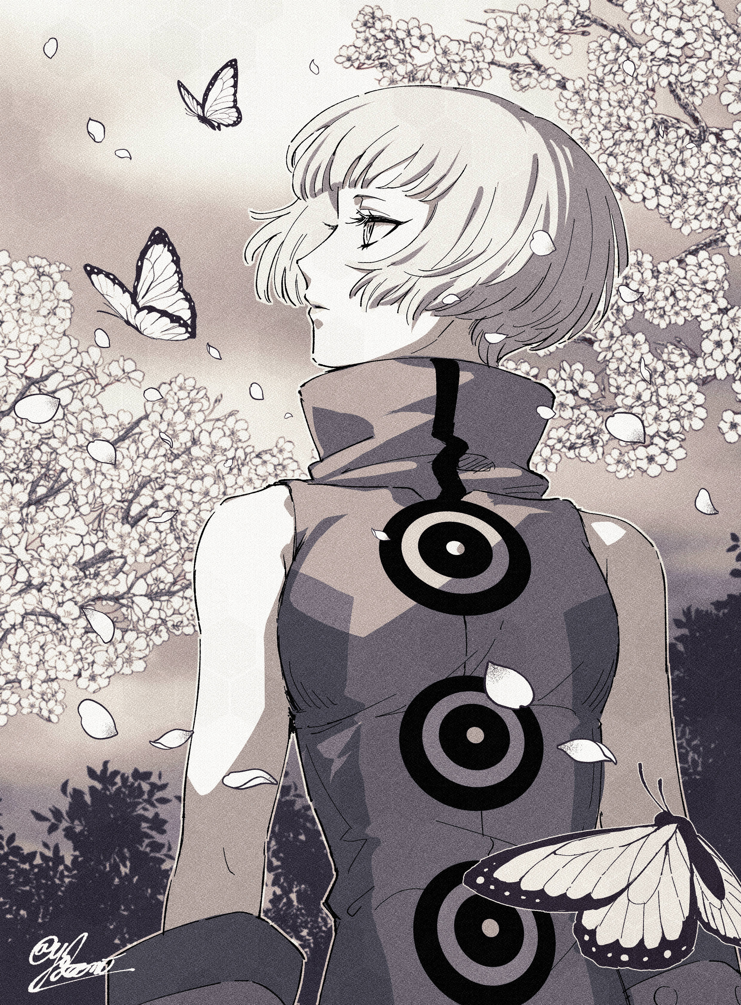 yokaroni, elizabeth (persona), persona, persona 3, absurdres, commentary, highres, symbol-only commentary, 1girl, arms at sides, bare shoulders, blunt bangs, bug, butterfly, cherry blossoms, closed mouth, day, dress, facing viewer, falling petals, gloves, high collar, insect, looking to the side, monochrome, outdoors, petals, short hair, signature, sky, sleeveless, sleeveless dress, solo, tree, turning head, turtleneck, turtleneck dress, upper body, white hair