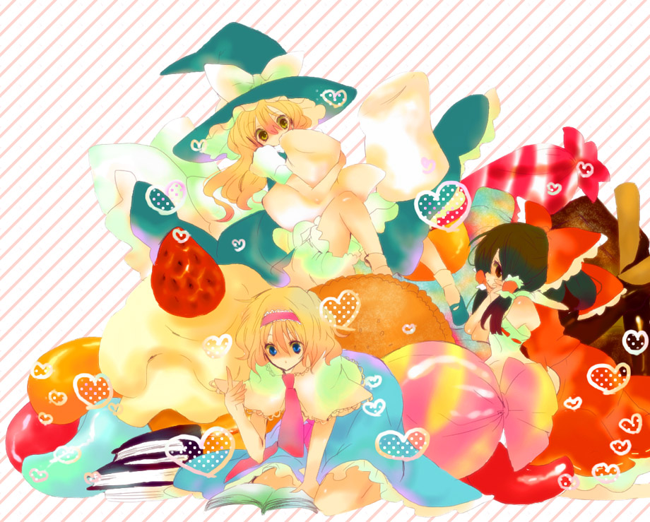 yukirar, alice margatroid, hakurei reimu, kirisame marisa, touhou, bad id, bad pixiv id, 3girls, book, cake, female focus, food, fruit, heart, multiple girls, pastry, strawberry, sweets