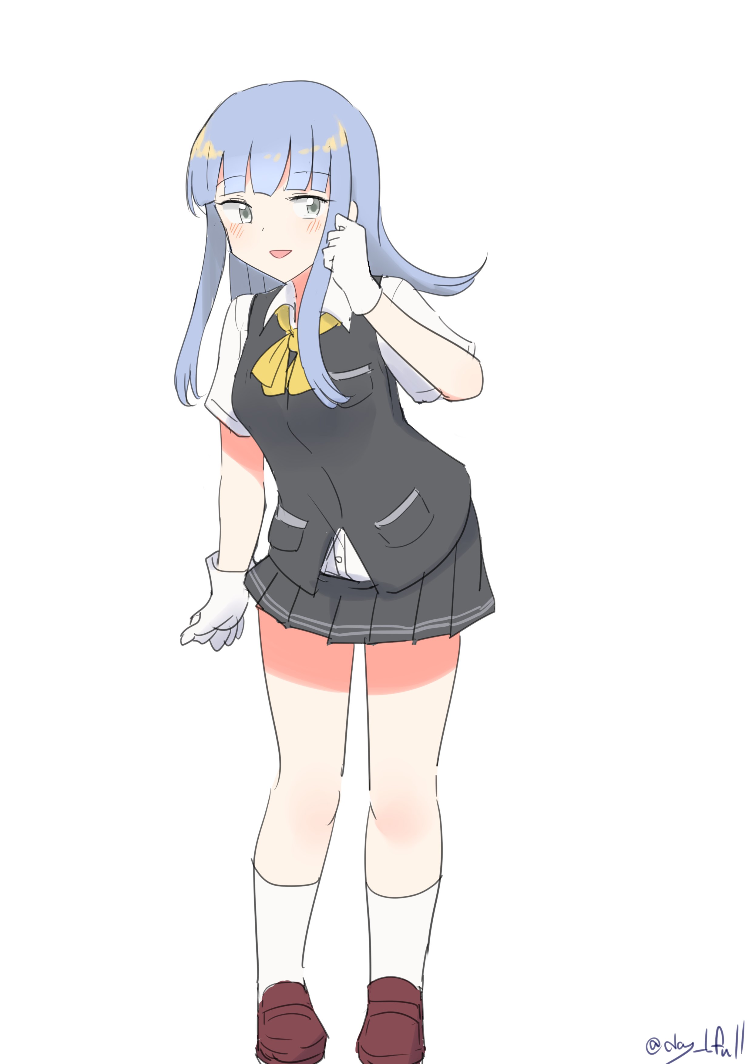 robinson (day l full), hatsukaze (kancolle), kantai collection, absurdres, highres, 1girl, black skirt, black vest, blue eyes, blue hair, blunt bangs, brown shoes, collared shirt, dress shirt, flipped hair, full body, gloves, long hair, neckerchief, one-hour drawing challenge, pleated skirt, school uniform, shirt, shoes, simple background, skirt, socks, solo, vest, white background, white gloves, white shirt, white socks, yellow neckerchief