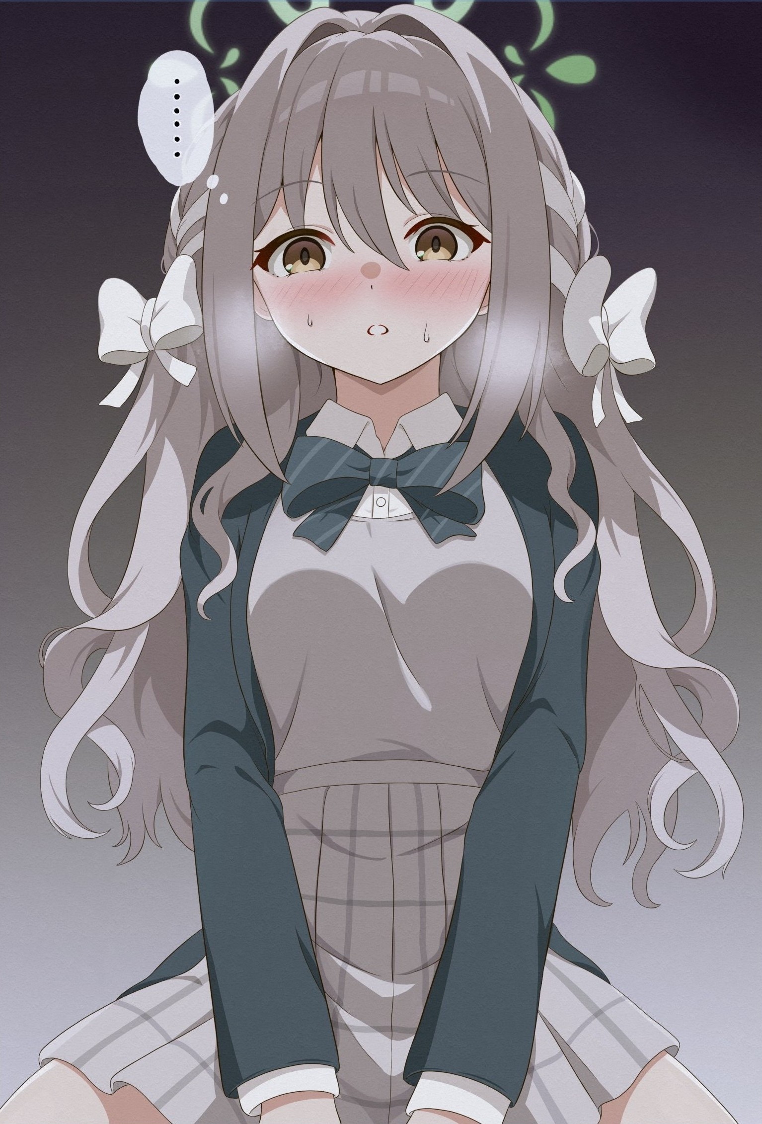 itaba atsushi, miyo (blue archive), blue archive, commentary request, highres, …, 1girl, black background, blush, brown hair, gradient background, green halo, grey skirt, halo, long hair, looking at viewer, plaid clothes, plaid skirt, school uniform, skirt, solo, speech bubble, spoken ellipsis, sweat, thought bubble, yellow eyes