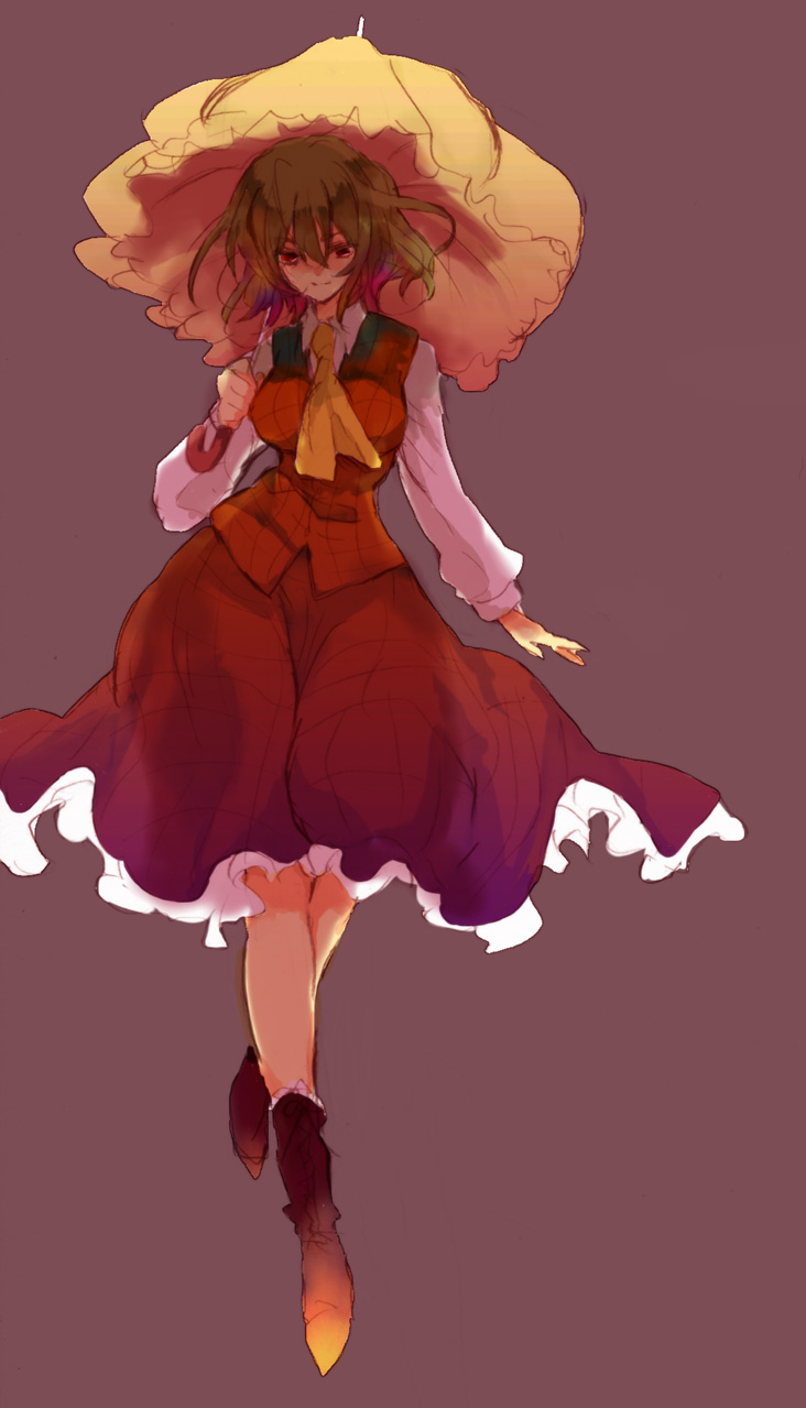 yukirar, kazami yuuka, touhou, bad id, bad pixiv id, highres, 1girl, ascot, boots, breasts, female focus, full body, green hair, hip focus, impossible clothes, large breasts, necktie, parasol, plaid clothes, plaid skirt, plaid vest, red eyes, short hair, simple background, skirt, skirt set, solo, umbrella, vest, wide hips
