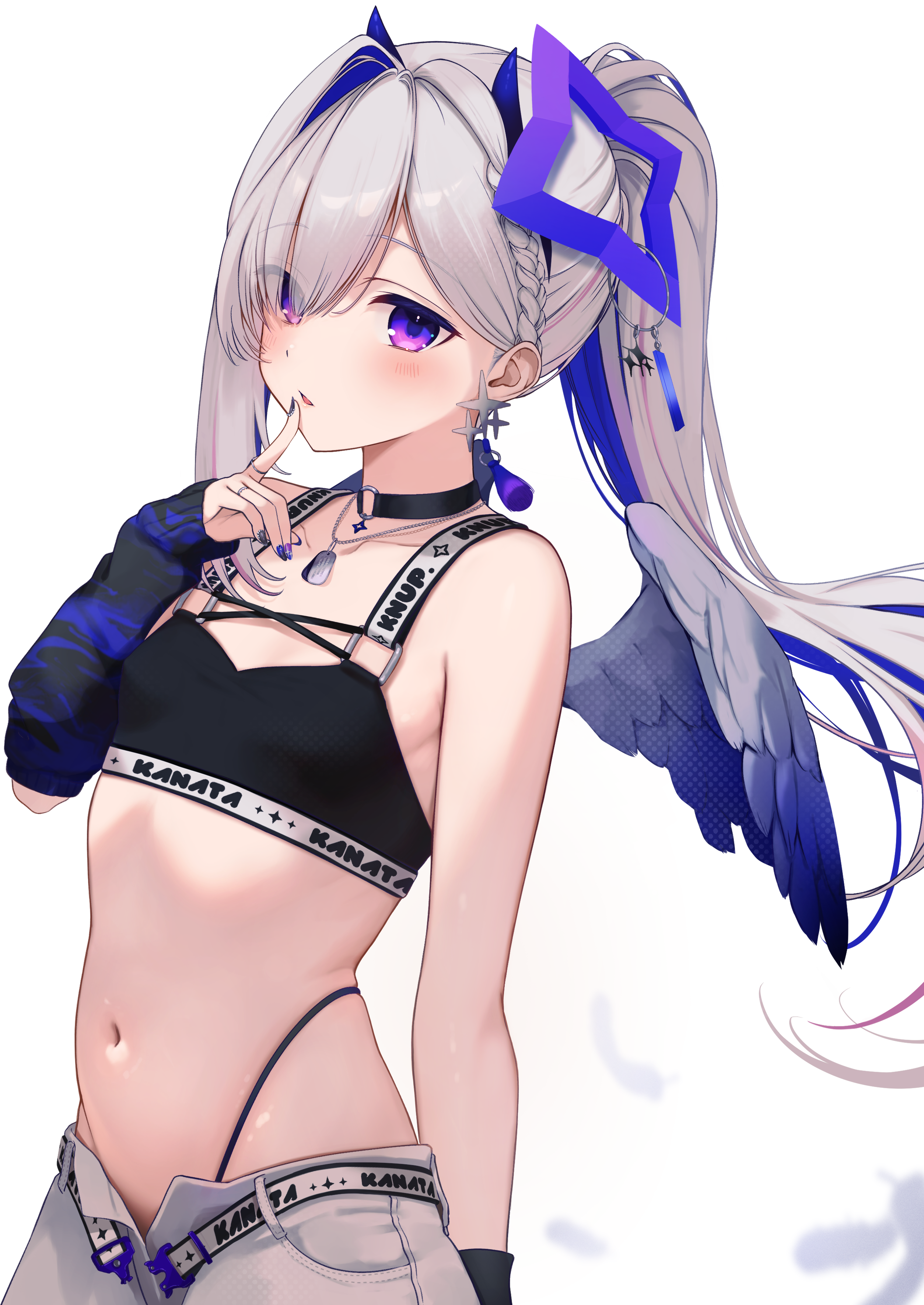 buket pudding i, amane kanata, amane kanata (lock on), hololive, absurdres, commentary request, highres, 1girl, arm warmers, bare shoulders, belt, black choker, black shirt, blue hair, braid, breasts, choker, cowboy shot, crop top, dog tags, earrings, eyes visible through hair, feathered wings, finger to mouth, gradient eyes, hair ornament, hand up, highleg, jewelry, long hair, looking at viewer, midriff, mini wings, multicolored eyes, multicolored hair, nail polish, navel, official alternate costume, open fly, panty straps, parted lips, ponytail, purple eyes, shirt, shushing, simple background, sleeveless, sleeveless shirt, small breasts, solo, stomach, two-tone hair, virtual youtuber, white background, white hair, wings