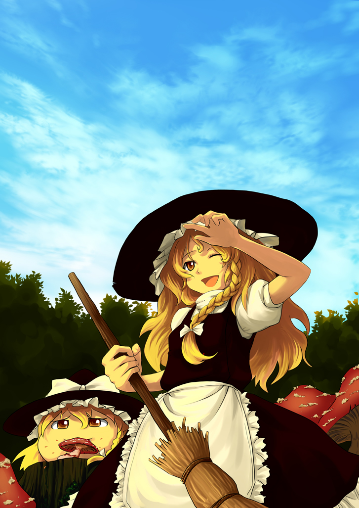daizu (323449), daizu sanchi, kirisame marisa, touhou, 2girls, day, dress, female focus, forest, hat, multiple girls, mushroom, nature, outdoors, plant, sky, solo, yukkuri shiteitte ne