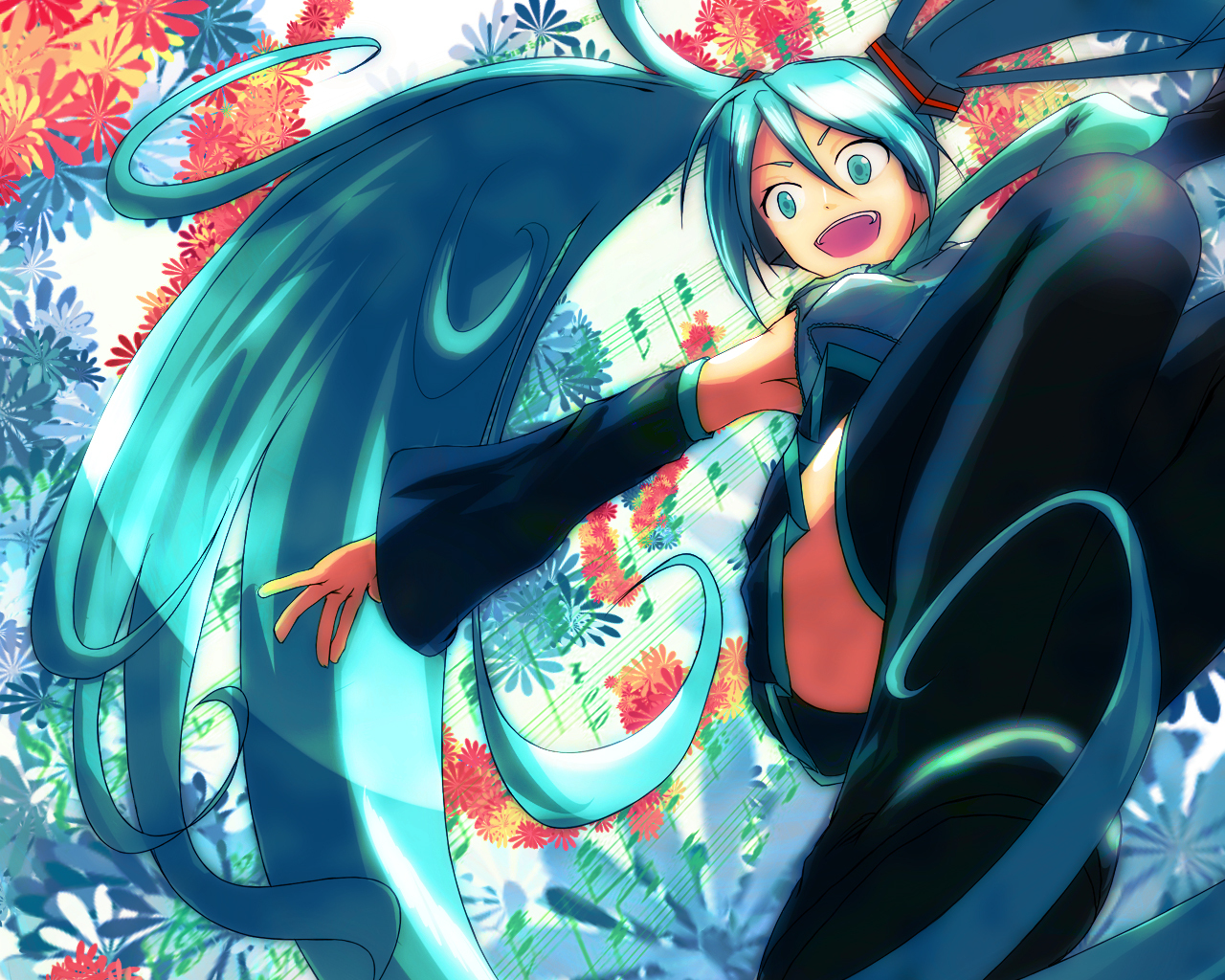 kihafuri, kisou (artist), hatsune miku, vocaloid, duplicate, 1girl, aqua eyes, aqua hair, detached sleeves, female focus, flower, foreshortening, long hair, musical note, necktie, skirt, solo, thighhighs, twintails, very long hair