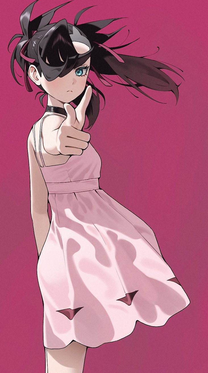987645321o, marnie (pokemon), nintendo, pokemon, pokemon swsh, highres, 1girl, asymmetrical bangs, black choker, black hair, choker, closed mouth, dress, floating hair, from side, green eyes, hair over one eye, hair ribbon, looking at viewer, outstretched arm, pink dress, pointing, pointing at viewer, red background, ribbon, simple background, solo, spaghetti strap, twintails, undercut