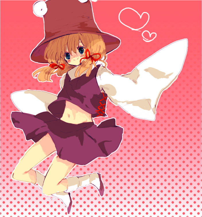 yukirar, moriya suwako, touhou, 1girl, blonde hair, blue eyes, female focus, full body, gradient background, hat, heart, navel, purple shoes, shoes, short hair, skirt, socks, solo, white socks