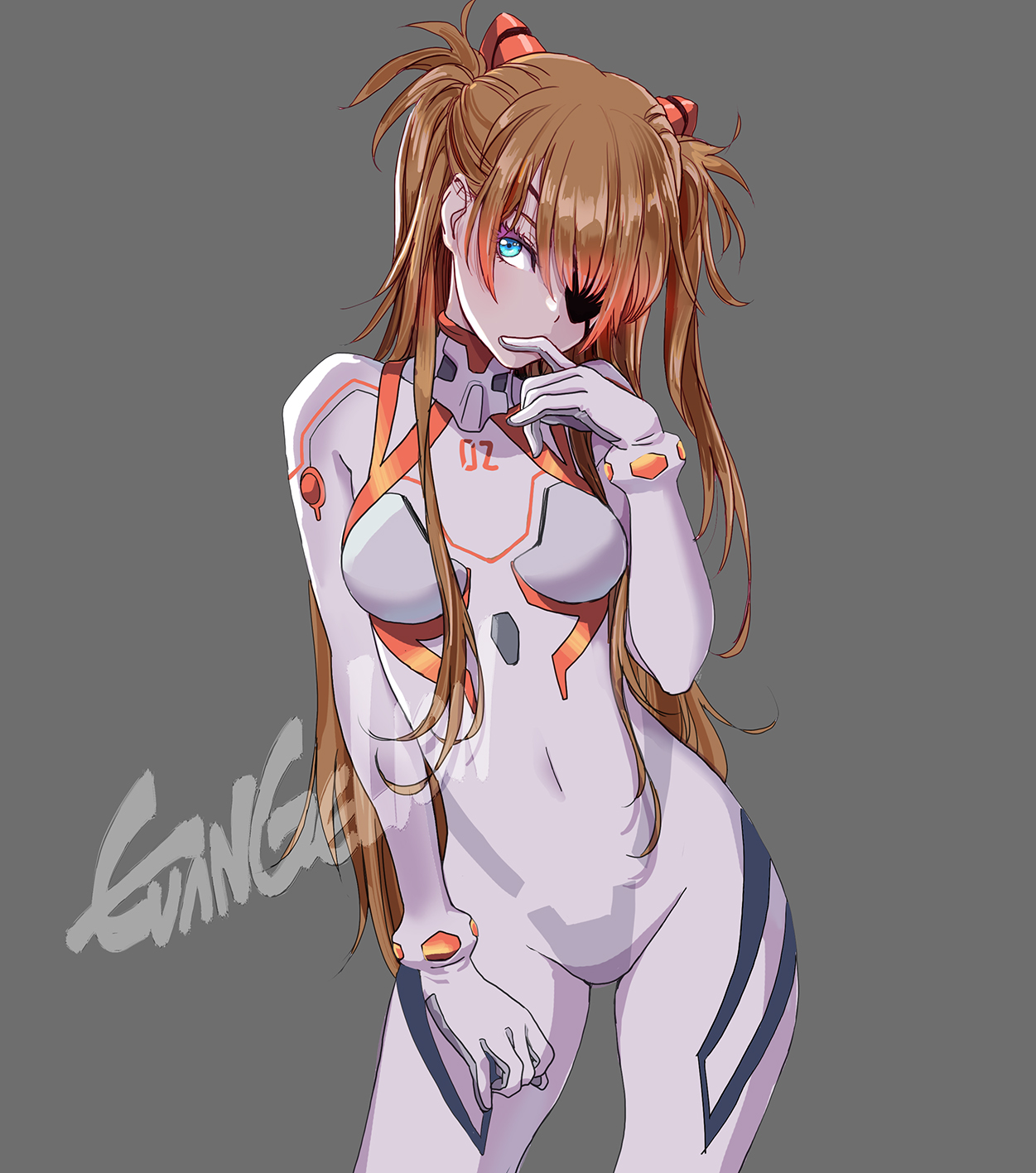 yamashita shun'ya, souryuu asuka langley, neon genesis evangelion, rebuild of evangelion, commentary request, highres, 1girl, biting own finger, blue eyes, bodysuit, breasts, copyright name, eyepatch, hairpods, interface headset (evangelion), long hair, looking at viewer, mecha pilot suit, orange hair, plugsuit (evangelion), simple background, solo, twintails, watermark, white bodysuit