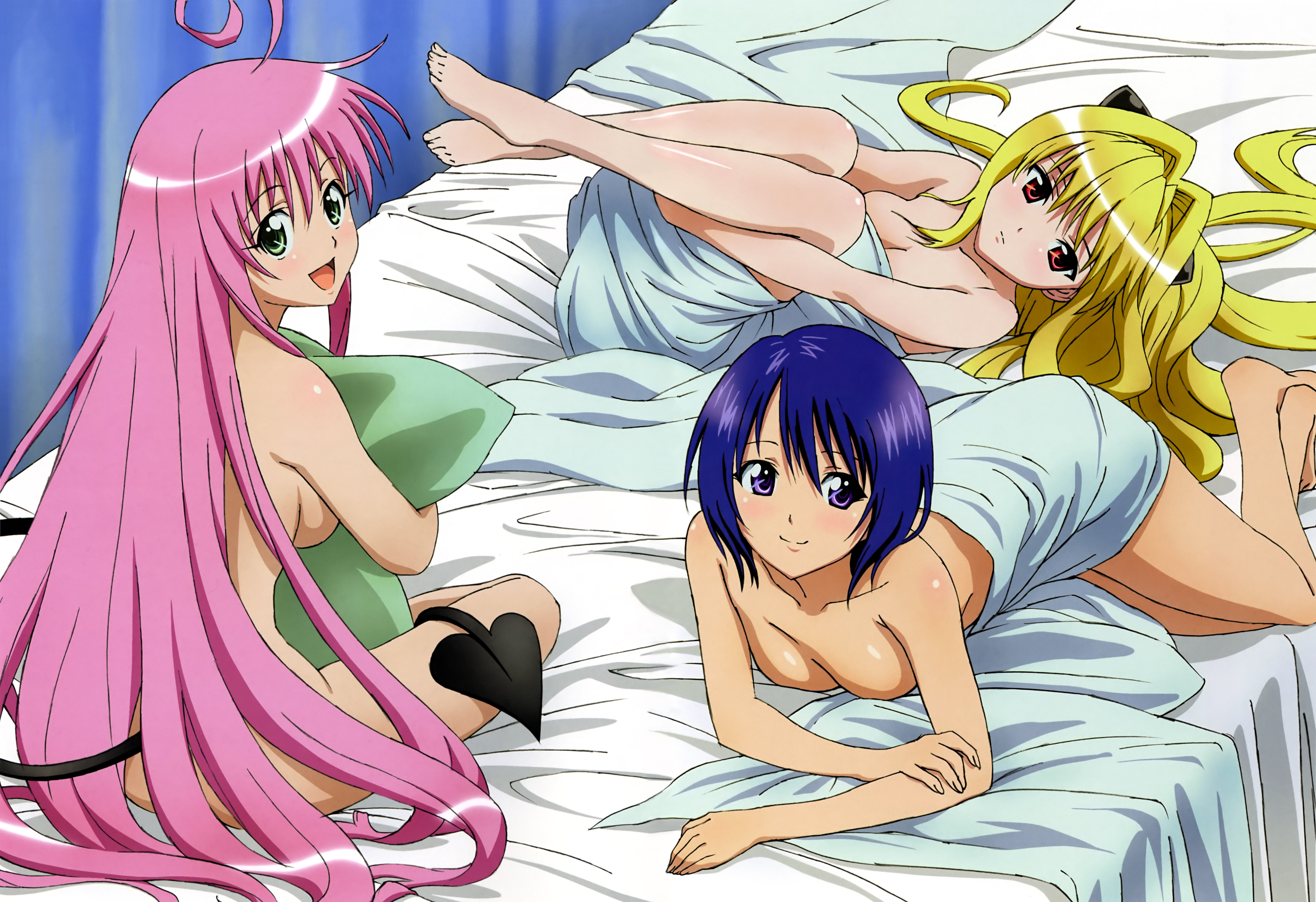 kutsuzawa youko, konjiki no yami, lala satalin deviluke, sairenji haruna, to love-ru, absurdres, highres, non-web source, 00s, 3girls, backboob, barefoot, bed, bed sheet, blonde hair, blue hair, breasts, cleavage, demon tail, downblouse, green eyes, long hair, long legs, multiple girls, naked sheet, nude, pillow, pink hair, purple eyes, red eyes, short hair, sideboob, tail, twintails, very long hair