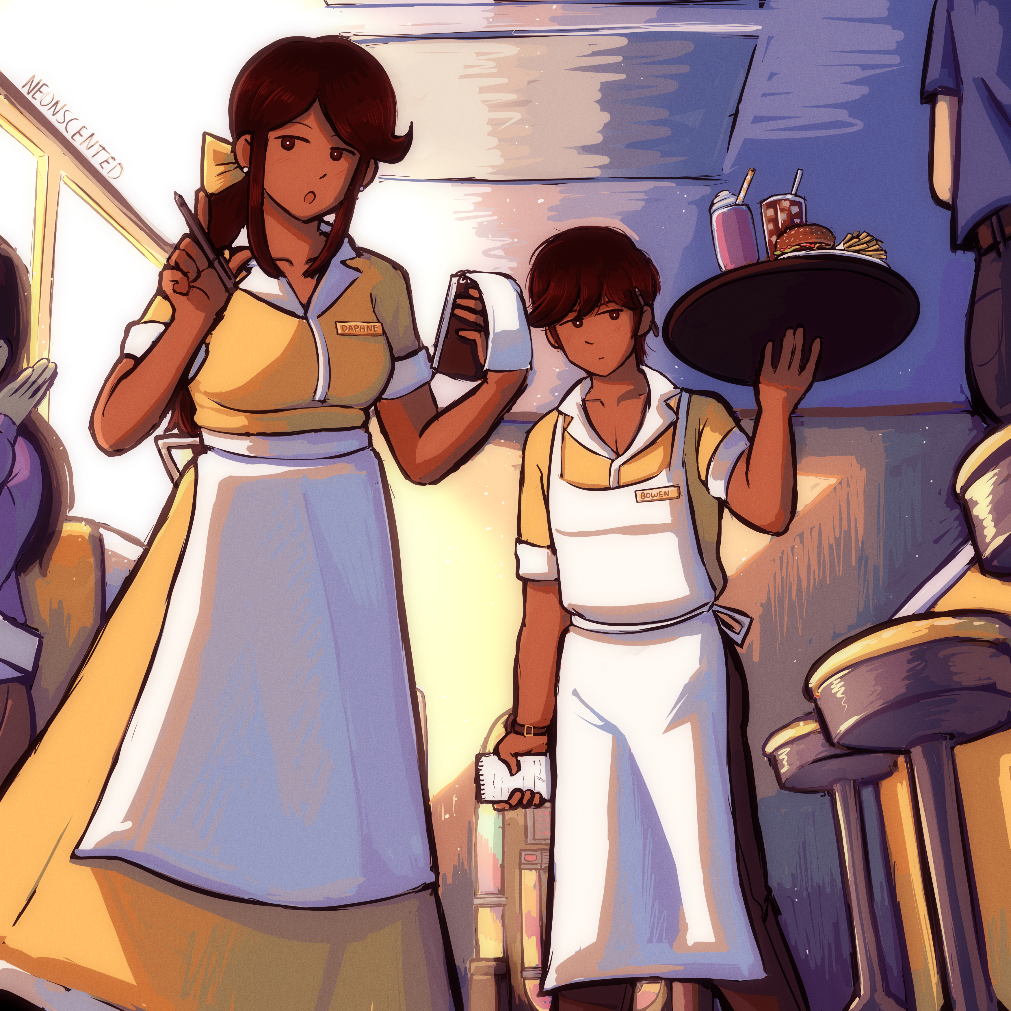 bowen (omori), daphne (omori), mari (faraway) (omori), mari (omori), omori, absurdres, highres, 1boy, 2girls, black eyes, breasts, brother and sister, brown hair, burger, dark-skinned female, dark-skinned male, dark skin, drink, food, french fries, long hair, multiple girls, neonscented, short hair, siblings
