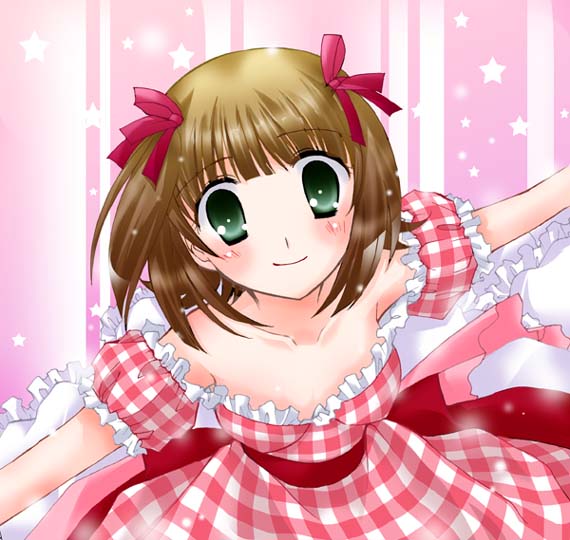 amami haruka, idolmaster, idolmaster (classic), idolmaster 1, non-web source, 00s, 1girl, brown hair, dress, female focus, green eyes, outstretched arms, short hair, solo, spread arms