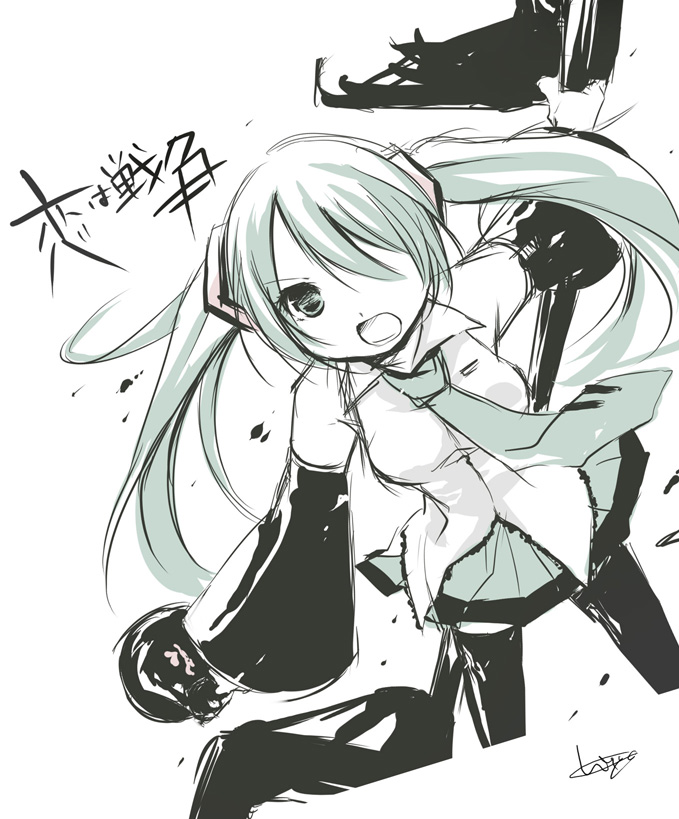 hiyo (pink savon), hiyo (pixiv76258), hatsune miku, koi wa sensou (vocaloid), vocaloid, bad id, bad pixiv id, 1girl, detached sleeves, female focus, green eyes, green hair, green theme, long hair, matching hair/eyes, megaphone, monochrome, necktie, sketch, skirt, solo, thighhighs, twintails