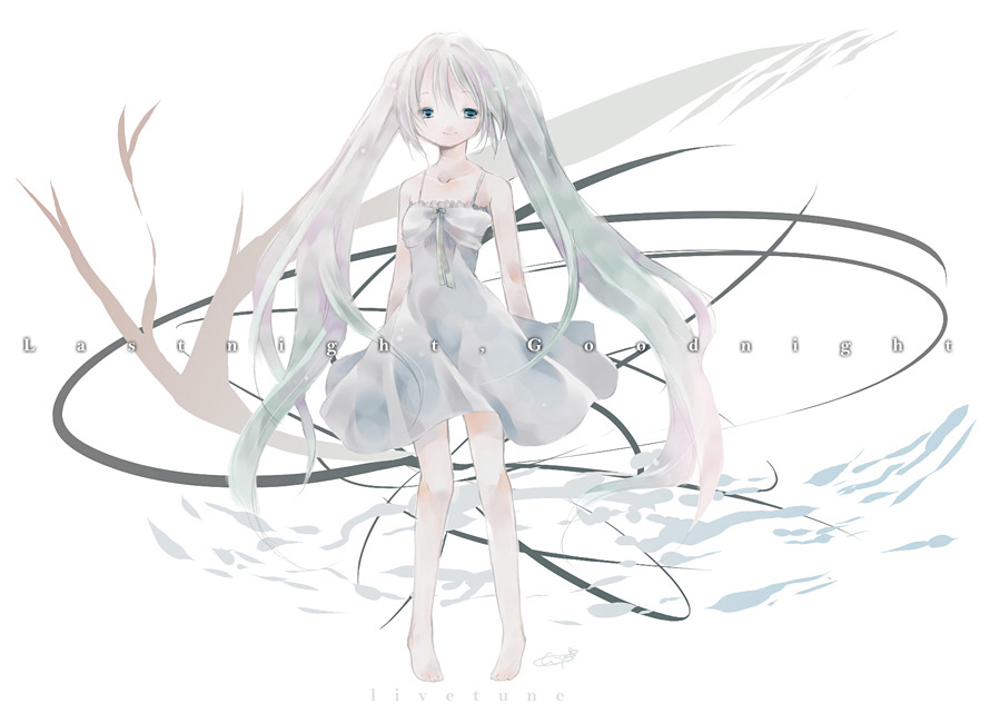 hiyo (pink savon), hiyo (pixiv76258), hatsune miku, last night good night (vocaloid), vocaloid, bad id, bad pixiv id, 1girl, barefoot, dress, female focus, green eyes, green hair, long hair, matching hair/eyes, solo, twintails, very long hair