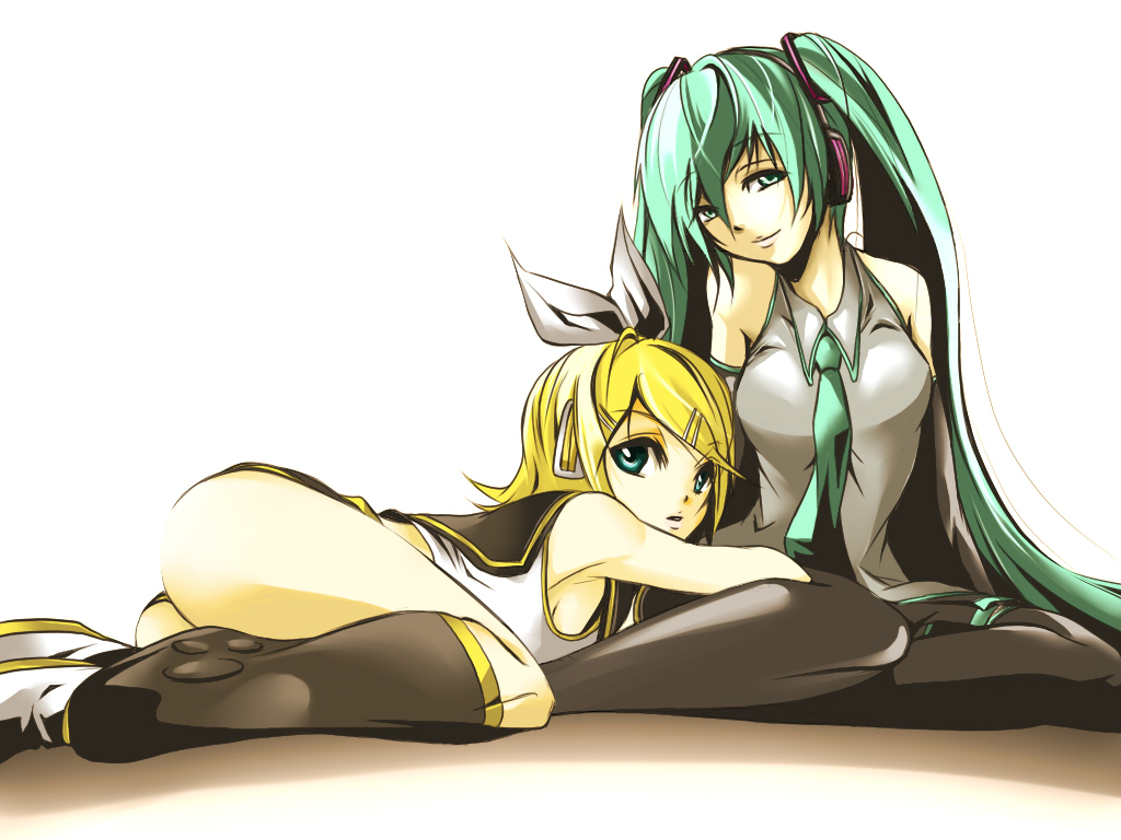 tonoto, hatsune miku, kagamine rin, vocaloid, 2girls, ass, blonde hair, detached sleeves, green eyes, green hair, long hair, multiple girls, necktie, thighhighs, twintails, very long hair, yuri