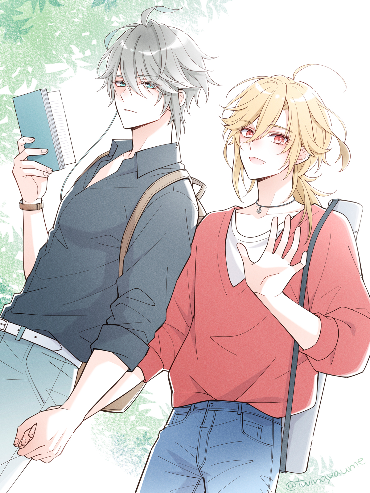 twinayaume, alhaitham (genshin impact), kaveh (genshin impact), genshin impact, highres, 2boys, alternate costume, aqua eyes, backpack, bag, belt, black shirt, blonde hair, blue pants, book, grey hair, hair between eyes, headphones, holding, holding book, jewelry, long hair, long sleeves, looking at viewer, male focus, multiple boys, necklace, open mouth, pants, red eyes, red shirt, shirt, short hair