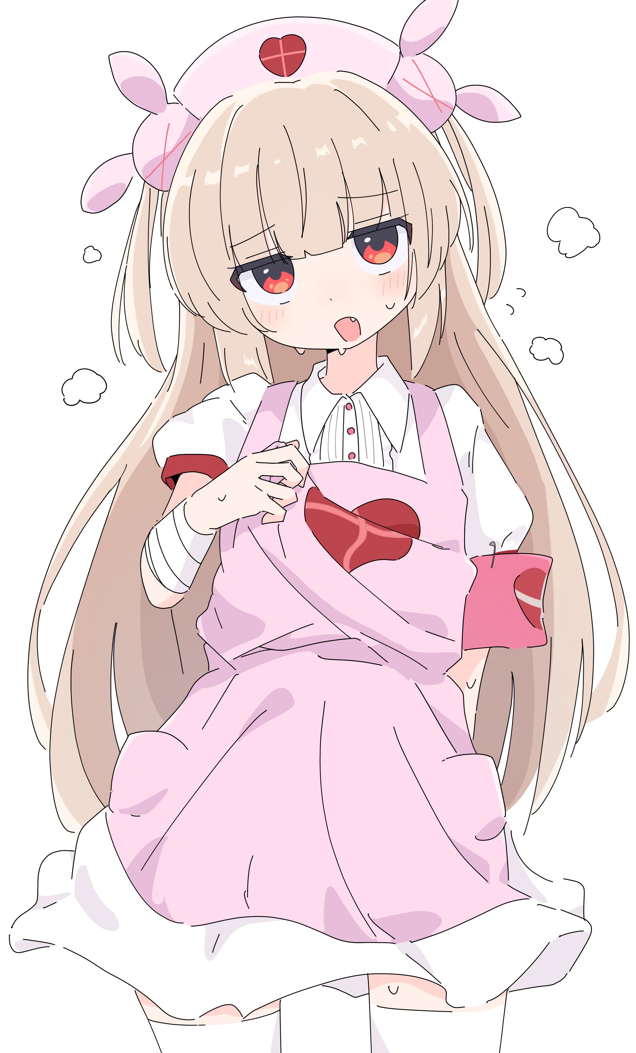 natori sana, natori sana (nurse), sana channel, absurdres, commentary request, highres, 1girl, apron, armband, bandaged arm, bandages, blonde hair, blush, collared shirt, cowboy shot, fang, flying sweatdrops, hair ornament, hat, heart, heart print, long hair, looking at viewer, nurse cap, okumoto (sugoku erai), open mouth, pink apron, pink armband, pink hat, rabbit hair ornament, red eyes, shirt, simple background, solo, steam, sweat, thighhighs, two side up, virtual youtuber, white background, white shirt, white thighhighs