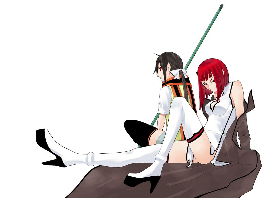 yasuda suzuhito, kurumaki zakuro, yarizakura hime, yozakura quartet, platform footwear, 2girls, ass, black hair, black thighhighs, boots, bow, breasts, cleavage, cleavage cutout, clothes between thighs, clothing cutout, coat, hair bow, high heels, leg up, long hair, looking back, multiple girls, off shoulder, platform heels, polearm, ponytail, red eyes, red hair, scarf, school uniform, shoes, short hair, sitting, skirt, smile, thigh boots, thighhighs, trench coat, weapon, white thighhighs, zettai ryouiki